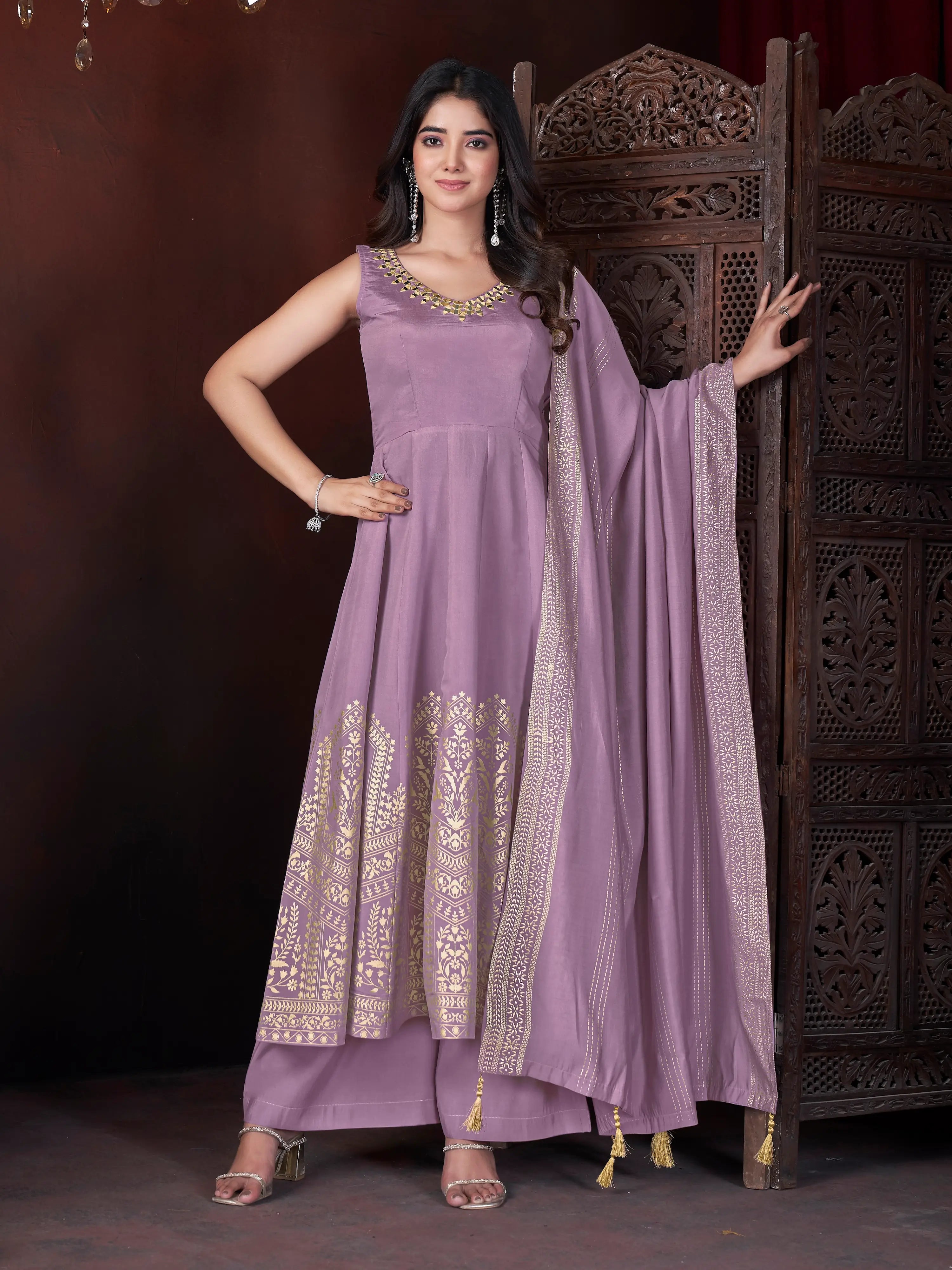 Purple Mirror Work And Foil Print Gown With Dupatta - qivii