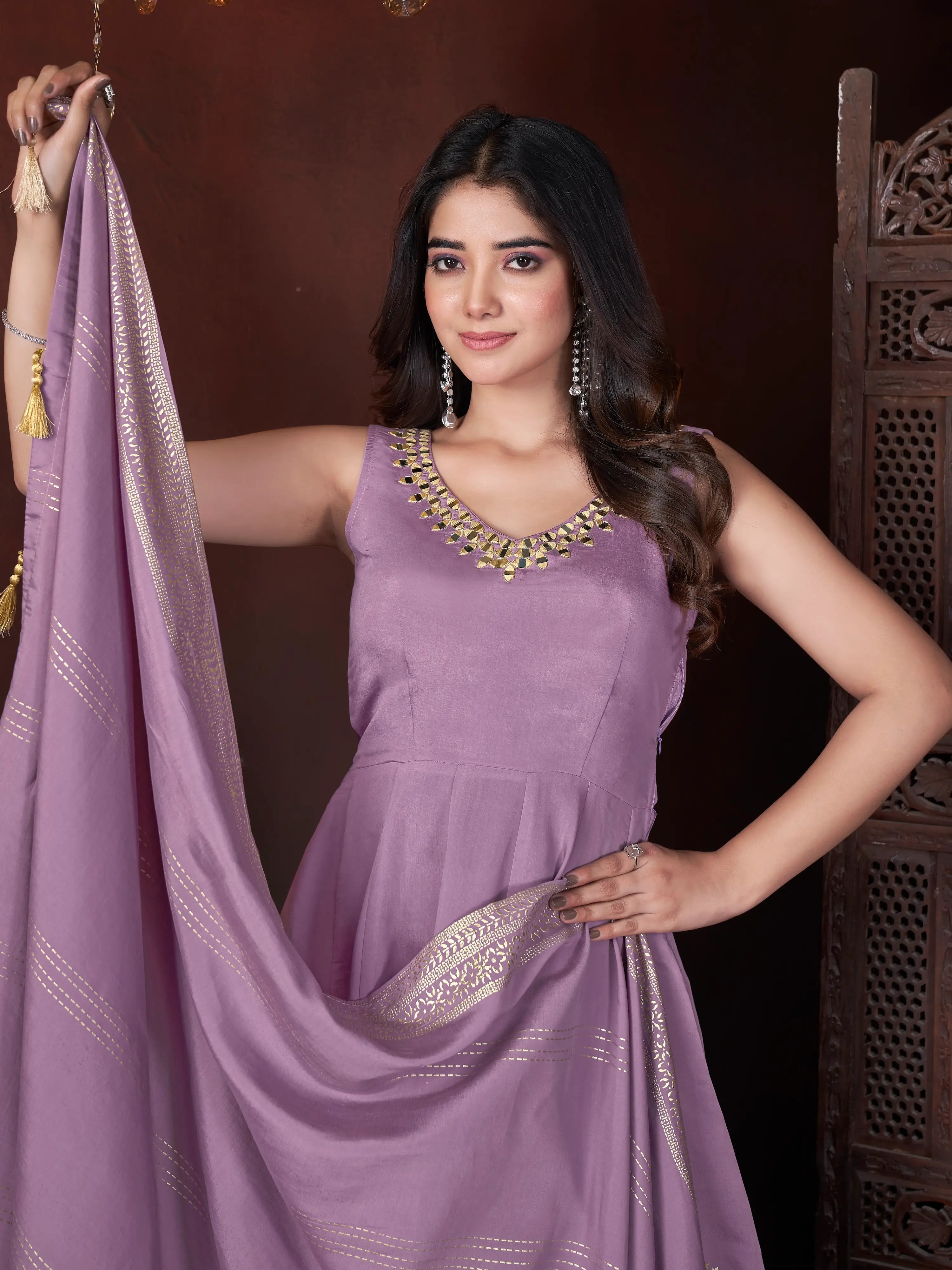 Purple Mirror Work And Foil Print Gown With Dupatta - qivii