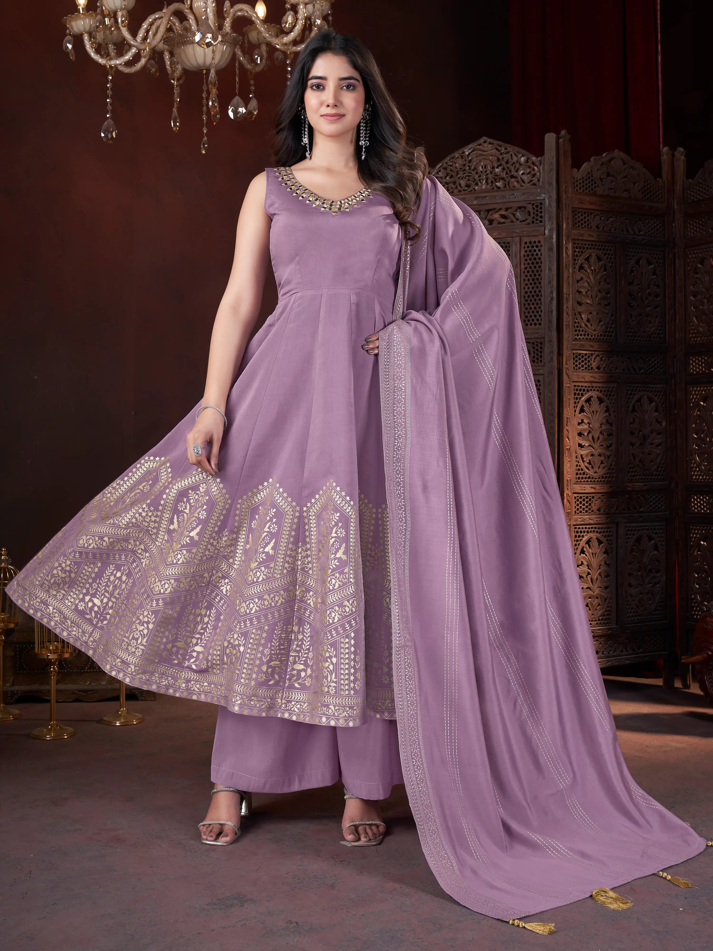 Purple Mirror Work And Foil Print Gown With Dupatta - qivii