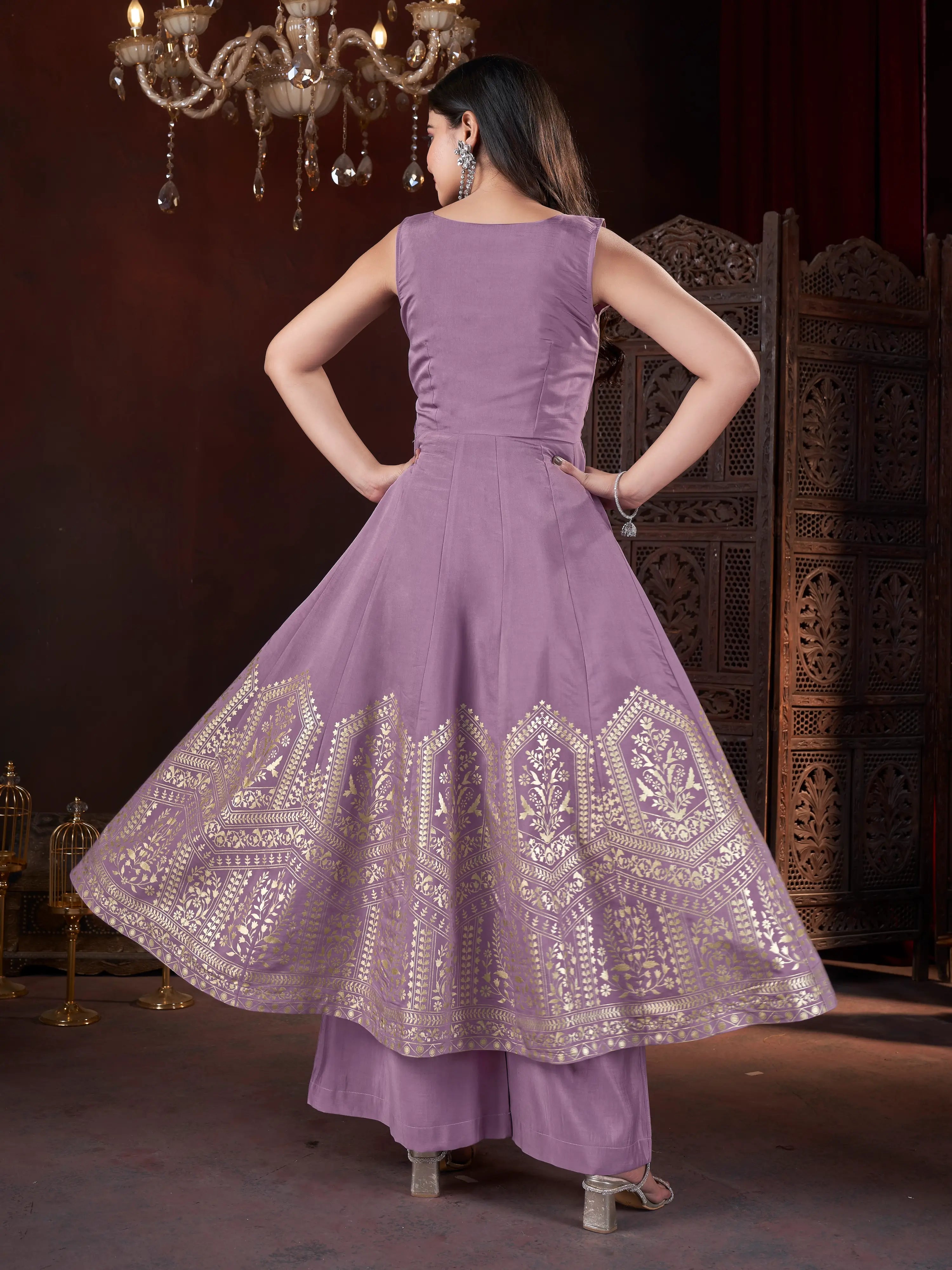 Purple Mirror Work And Foil Print Gown With Dupatta - qivii