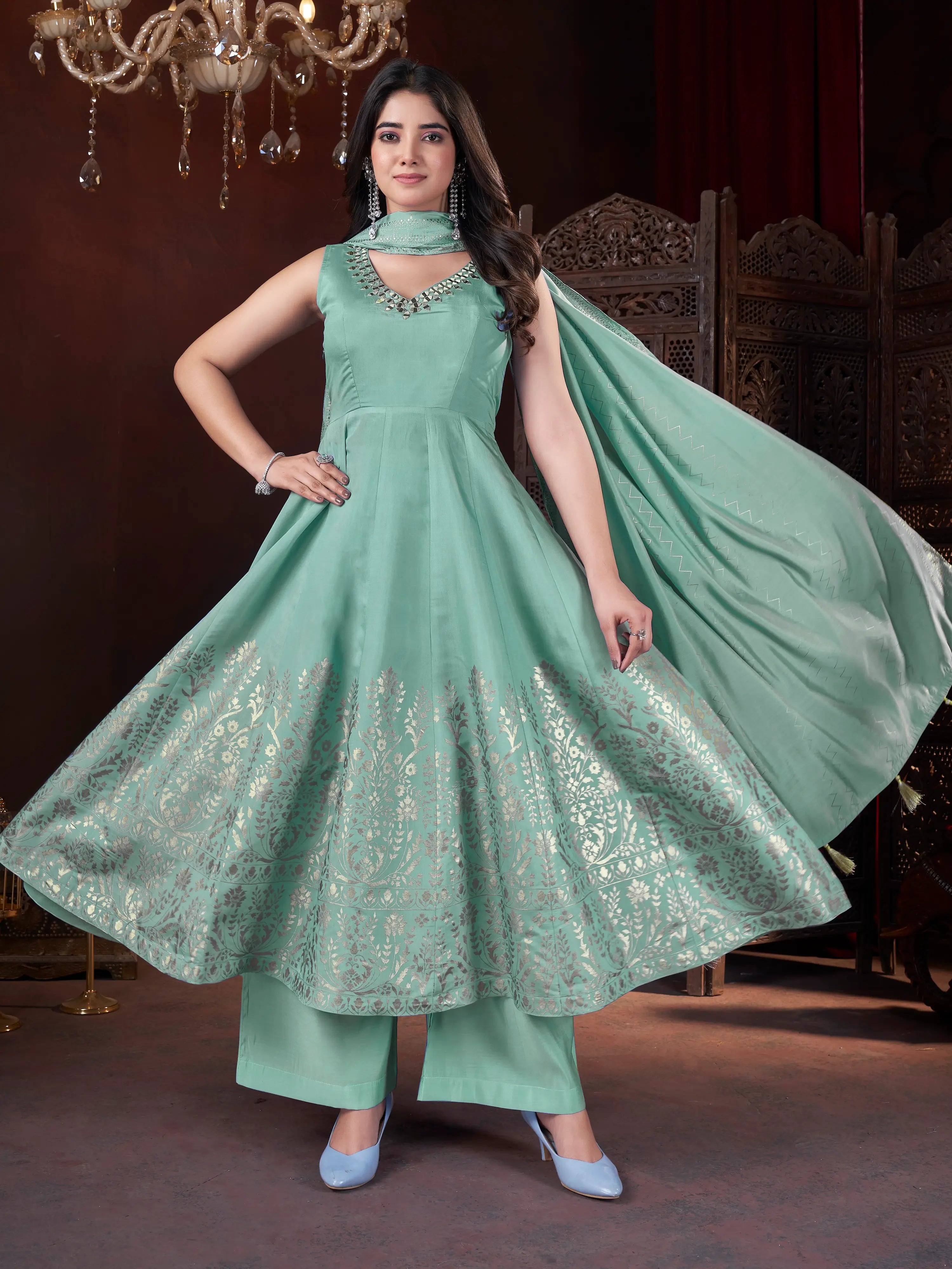 Pista Mirror Work And Foil Print Gown With Dupatta - qivii