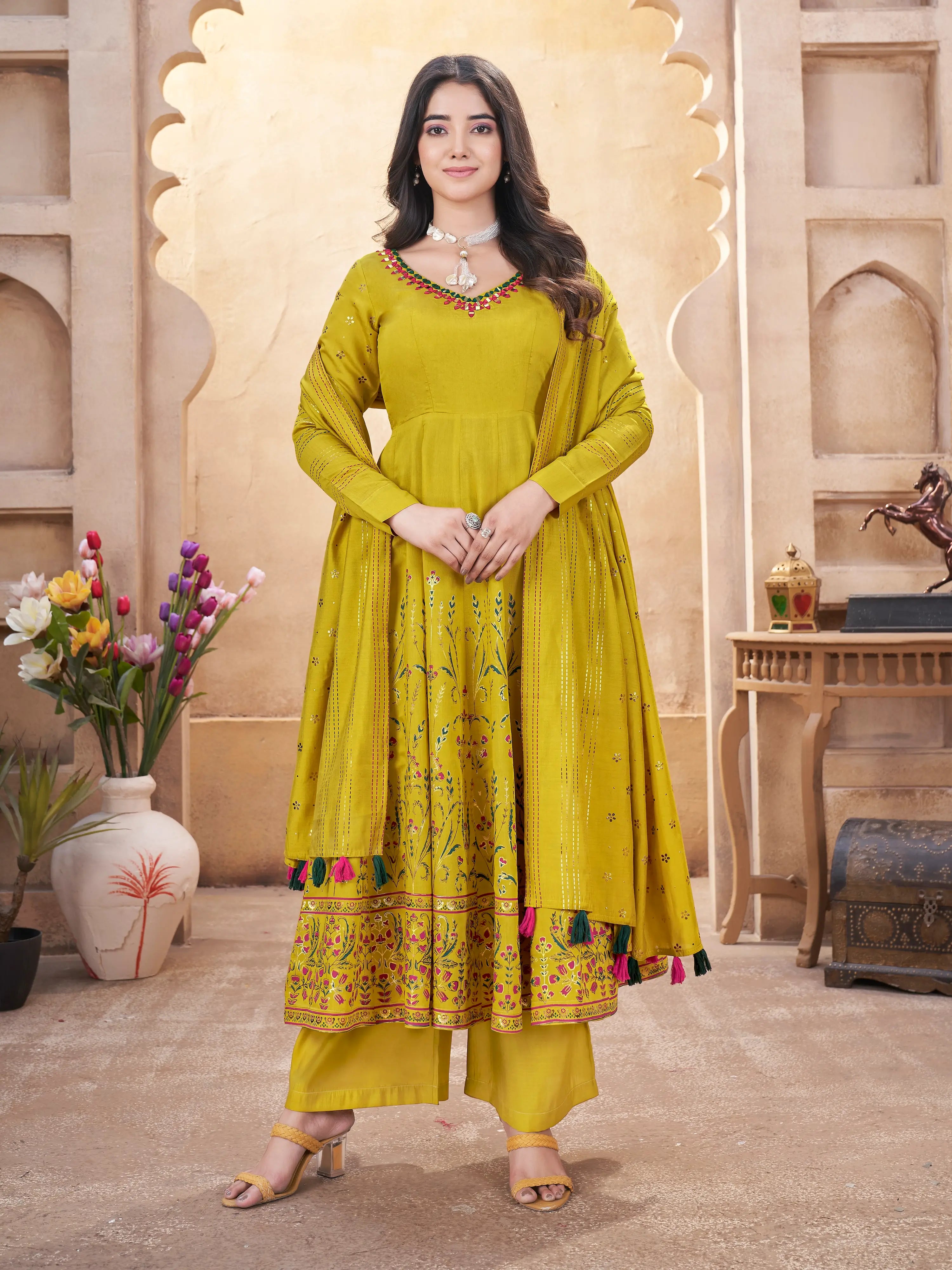 Fluorescent Yellow Mirror Work And Foil Print Silk Salwar Suit - qivii