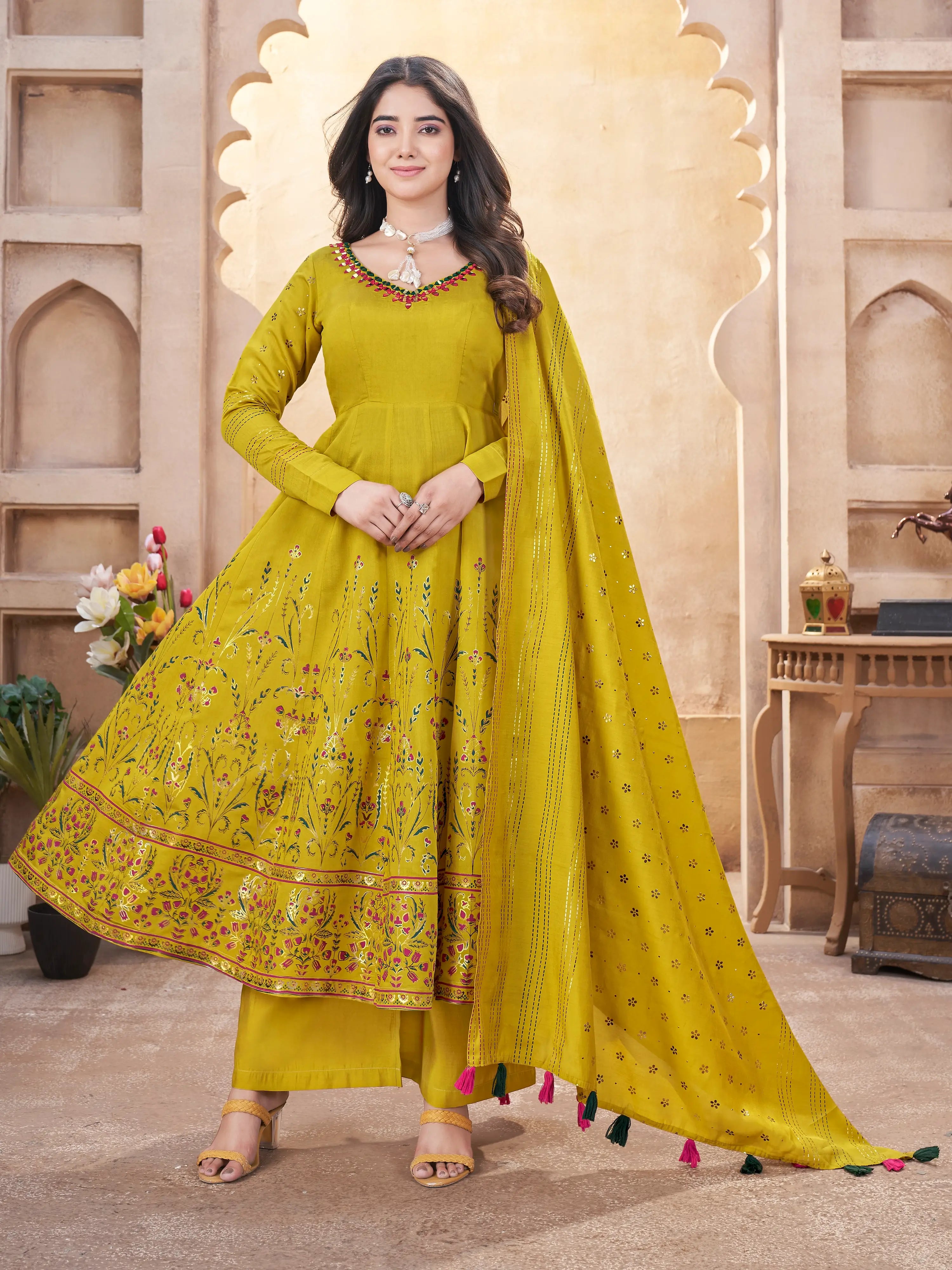 Fluorescent Yellow Mirror Work Silk Gown - qivii