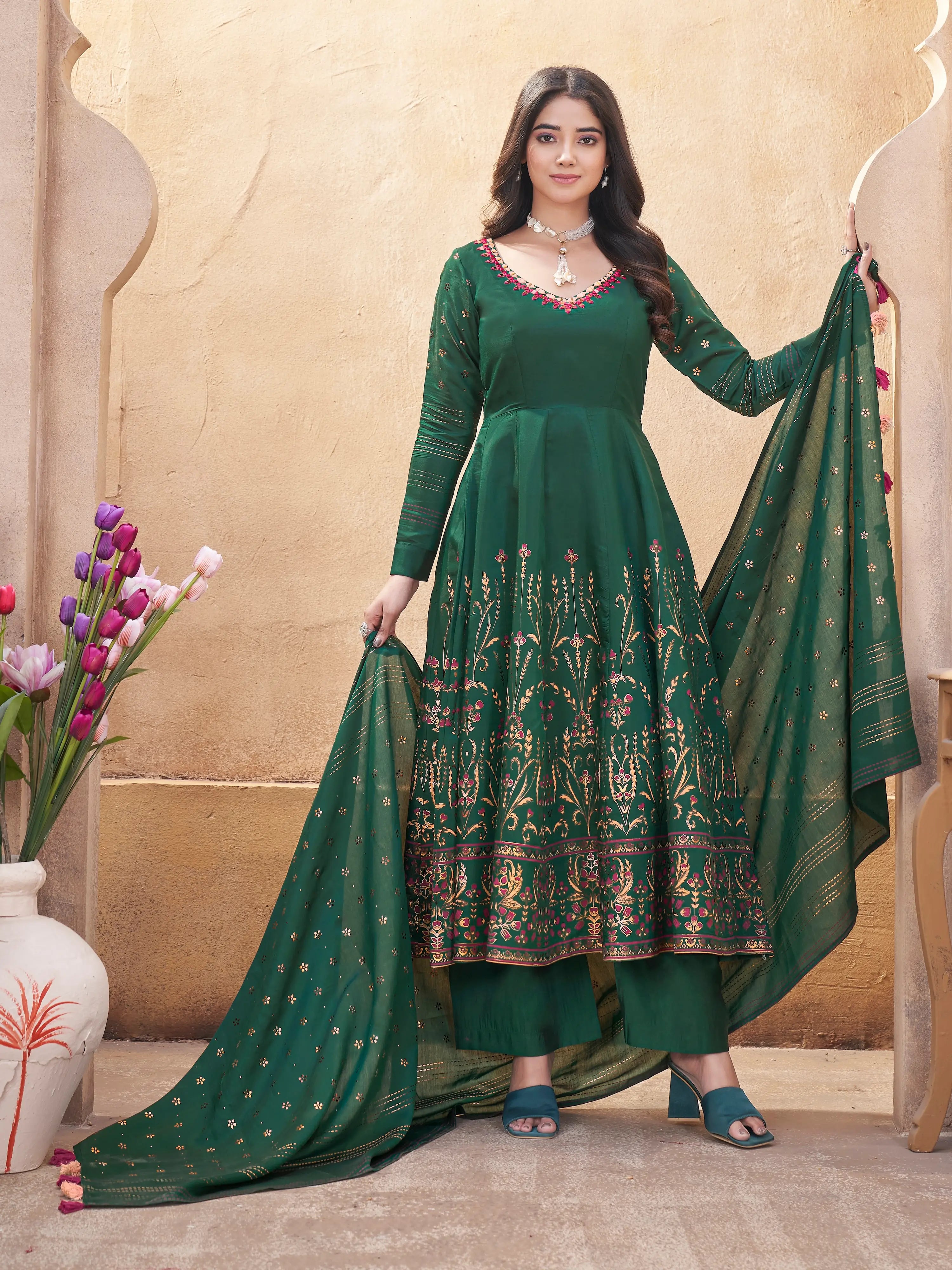 Green Mirror Work Silk Gown With Dupatta - qivii