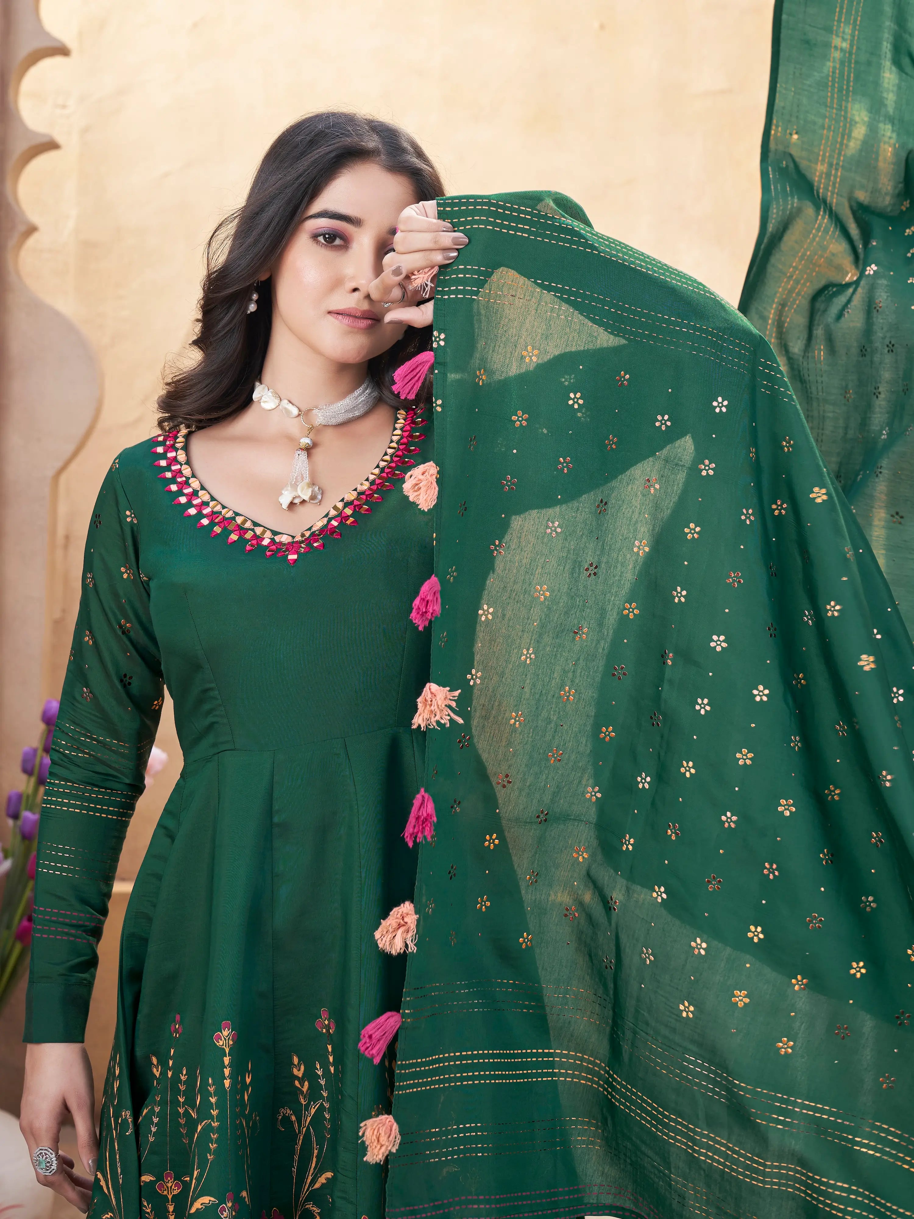 Green Mirror Work Silk Gown With Dupatta - qivii