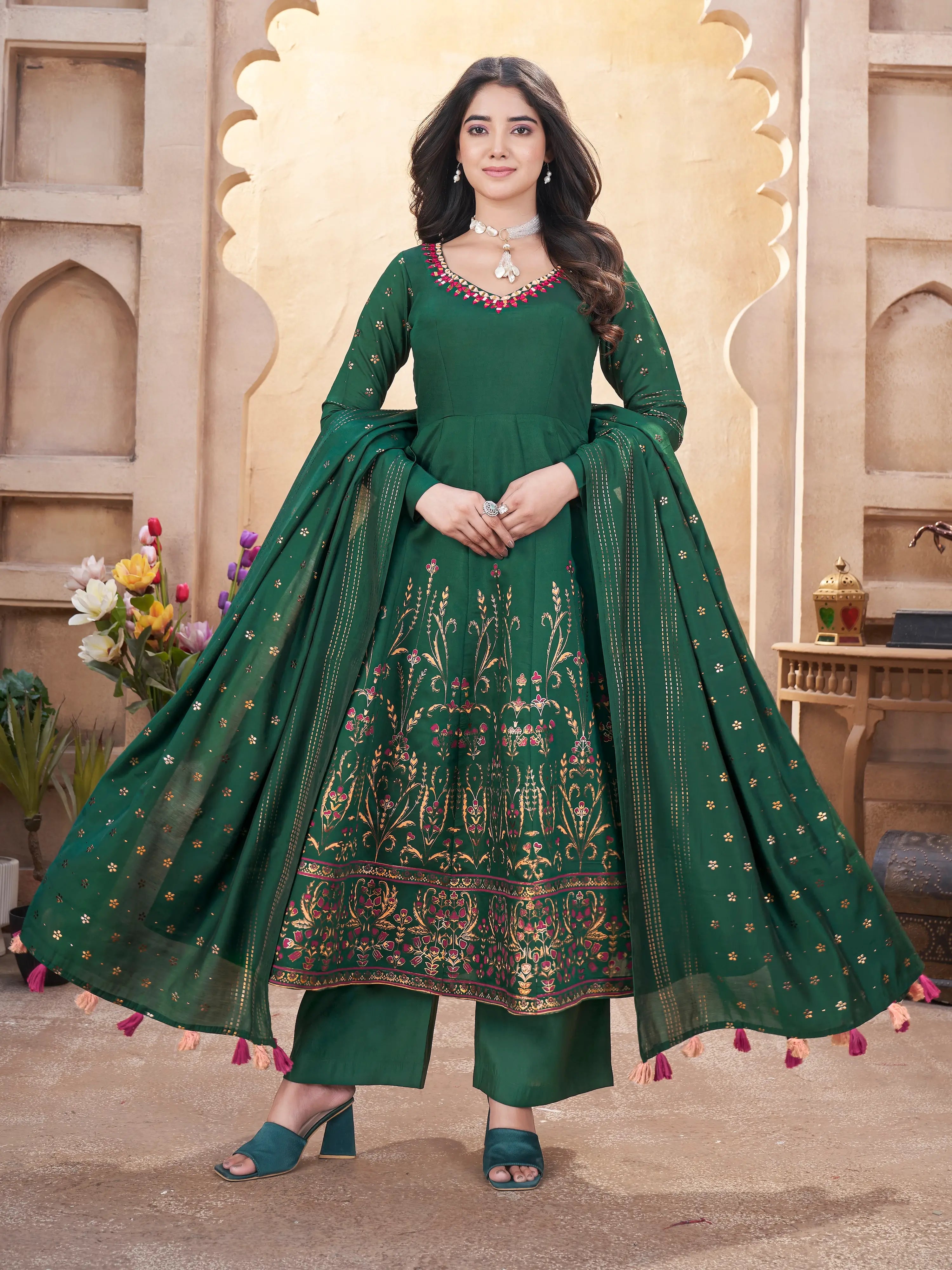 Green Mirror Work And Foil Print Silk Salwar Suit - qivii