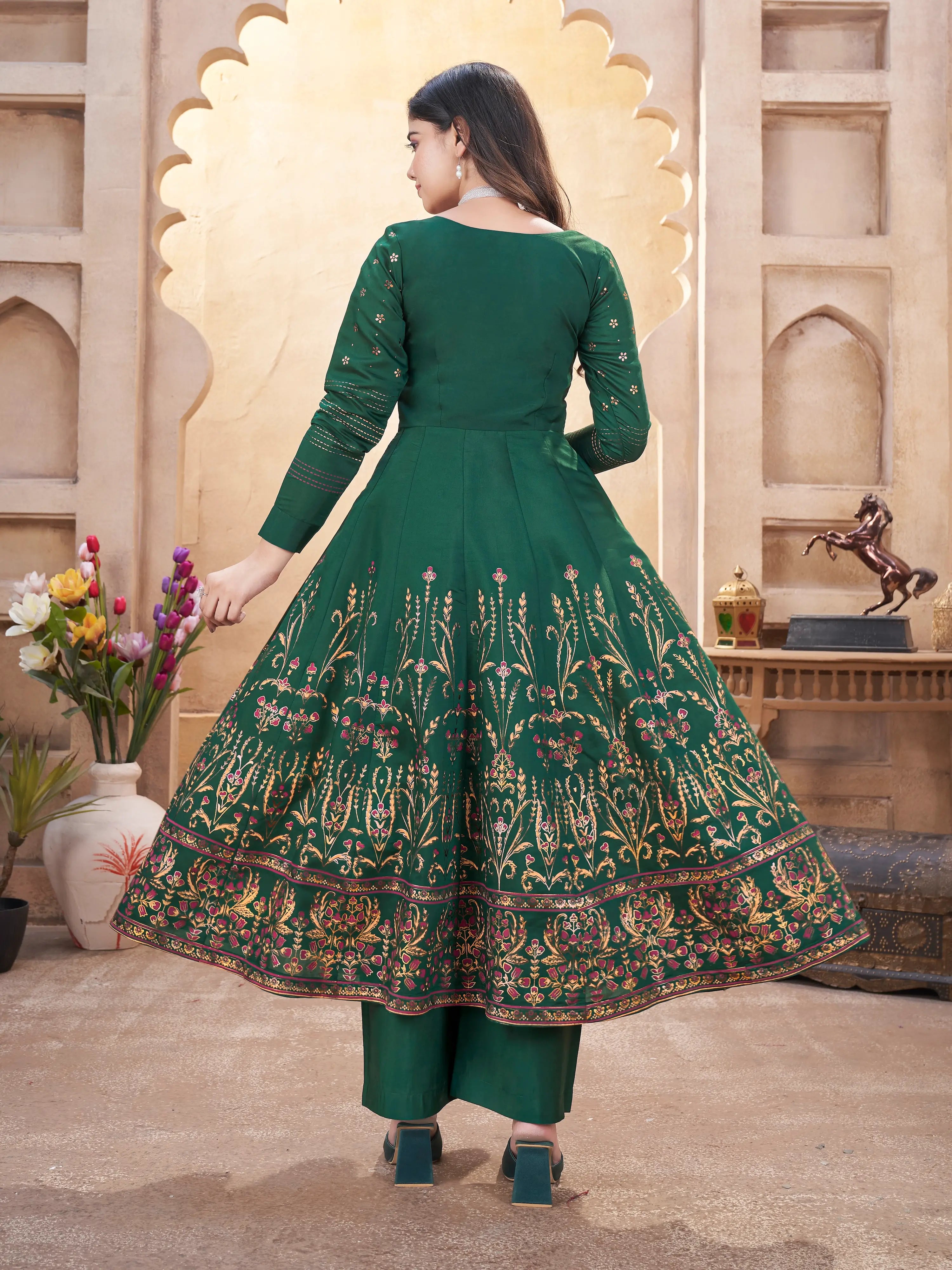 Green Mirror Work And Foil Print Silk Salwar Suit