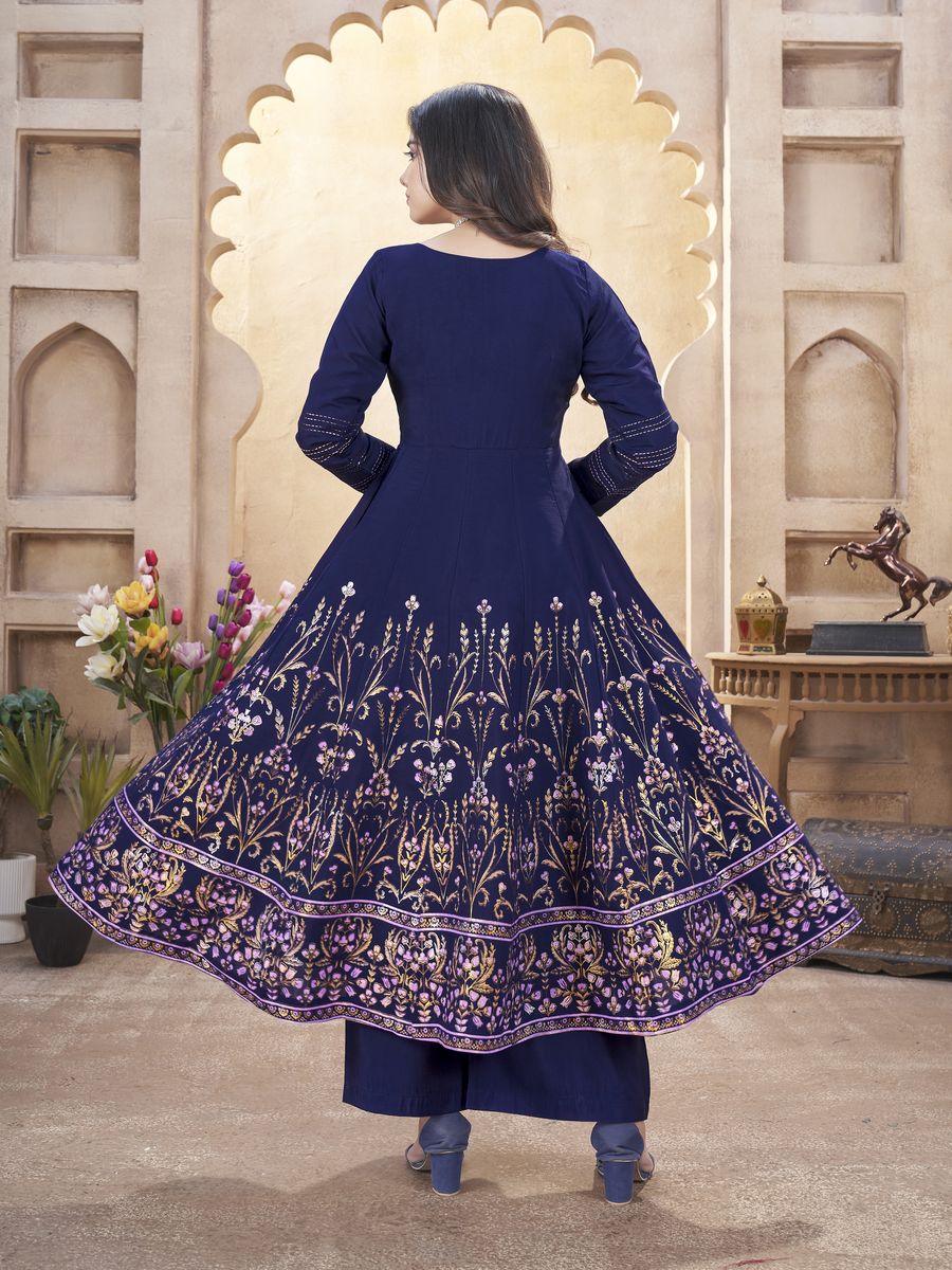 NAVY BLUE ROMAN SILK MIRROR WORK AND FOIL PRINT SALWAR SUIT - Elevate your experience with Qivii