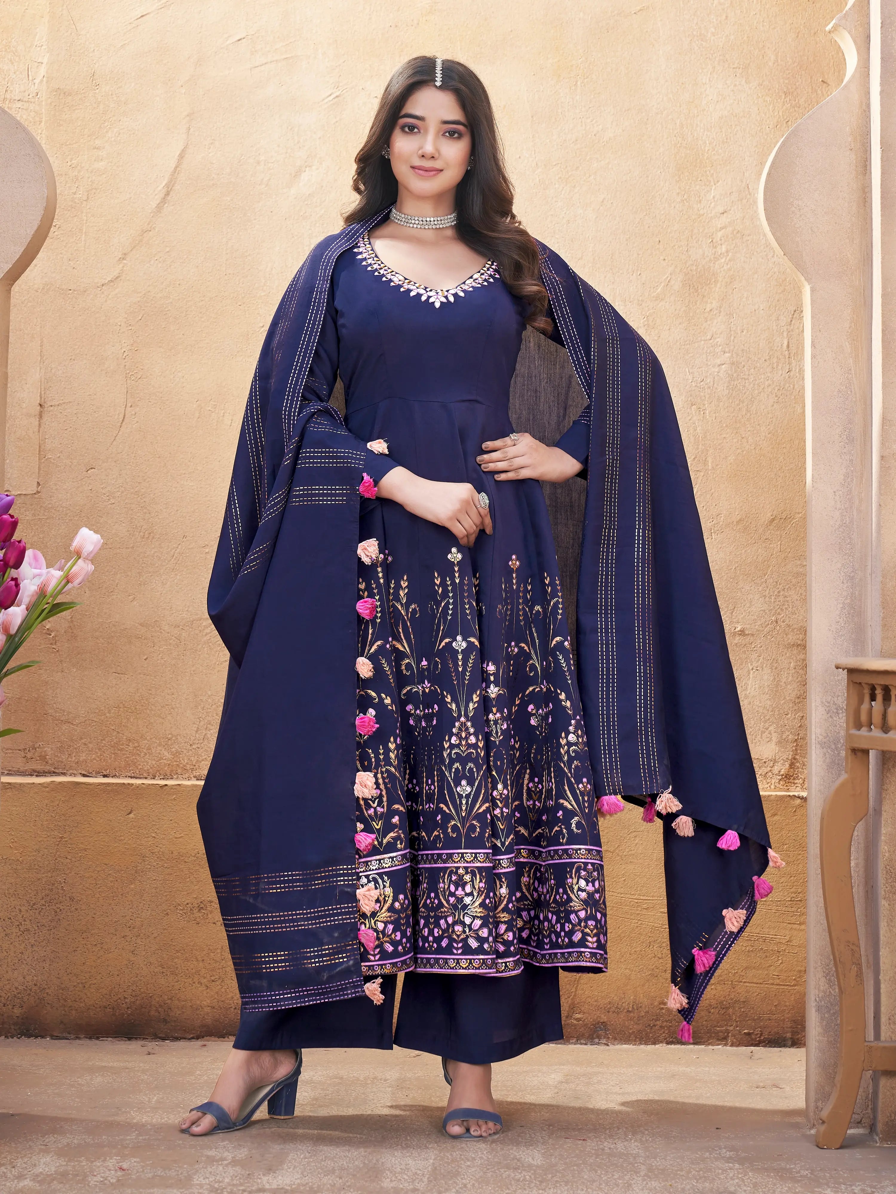 Navy Blue Mirror Work Silk Gown With Dupatta - qivii