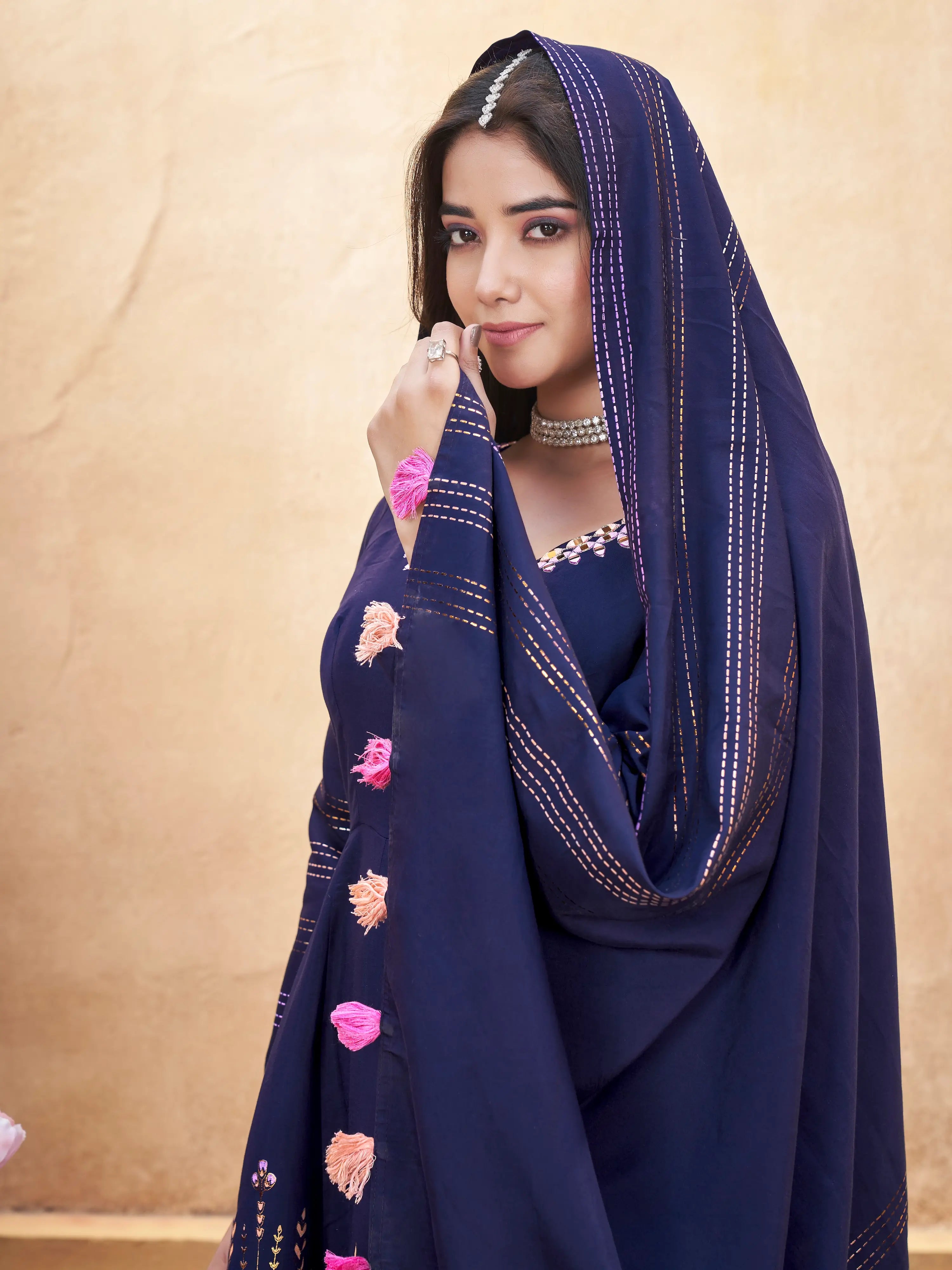 Navy Blue Mirror Work Silk Gown With Dupatta - qivii