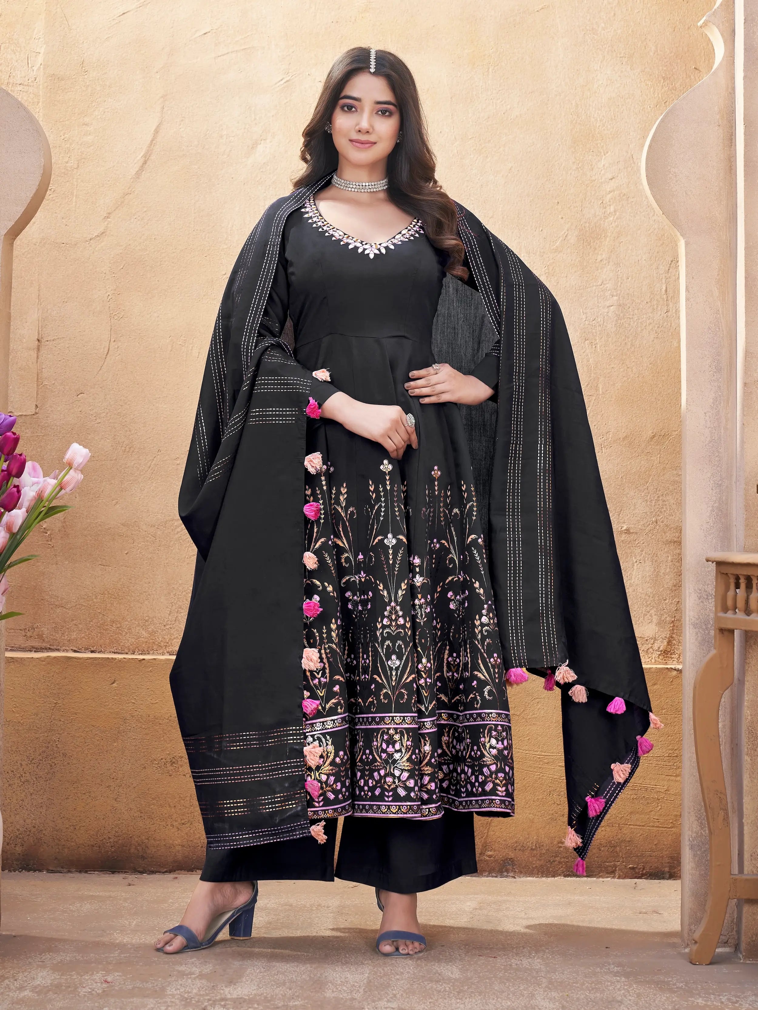 Black Mirror Work And Foil Print Silk Salwar suit - qivii