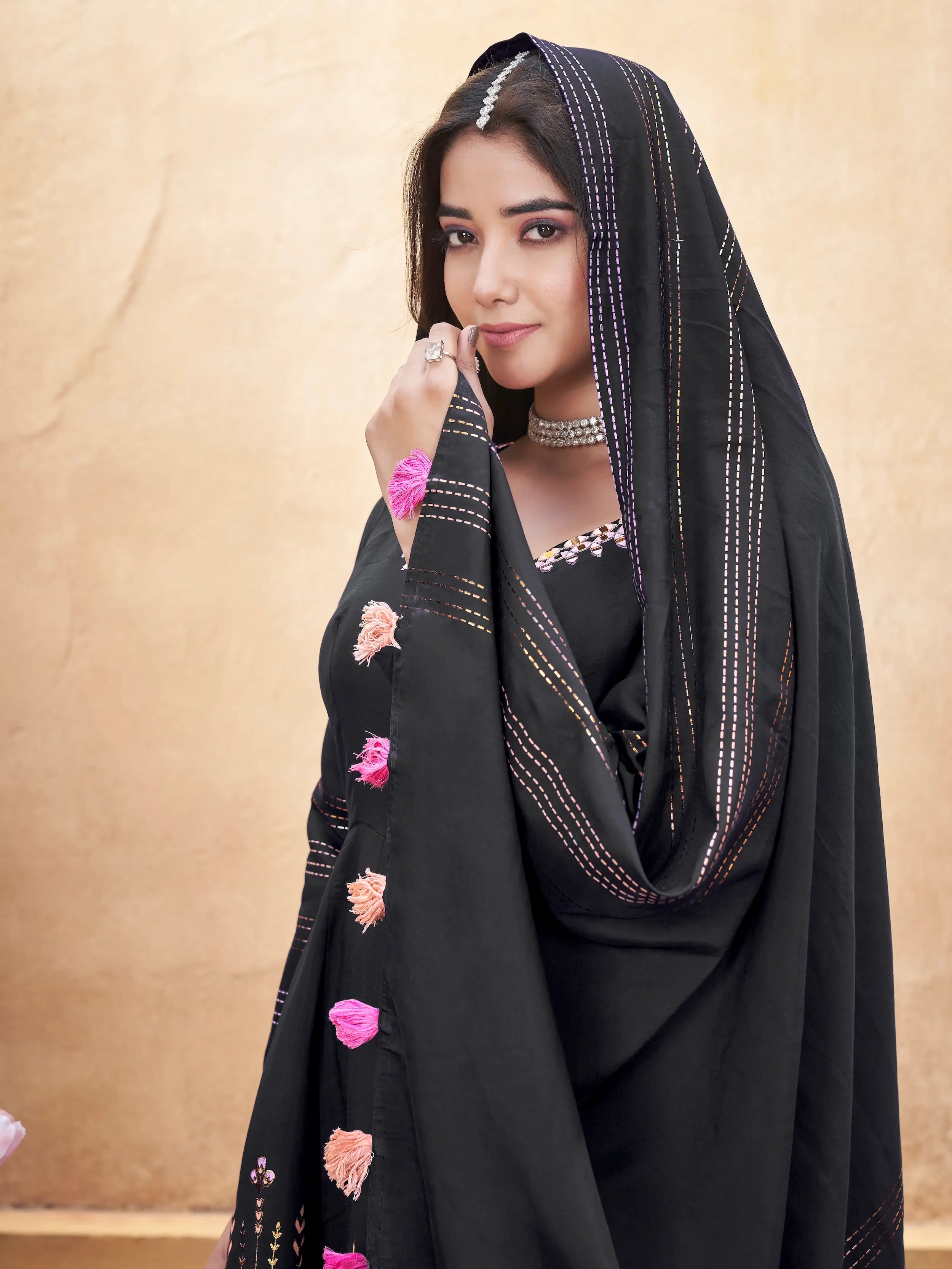 Black Mirror Work And Foil Print Silk Salwar suit