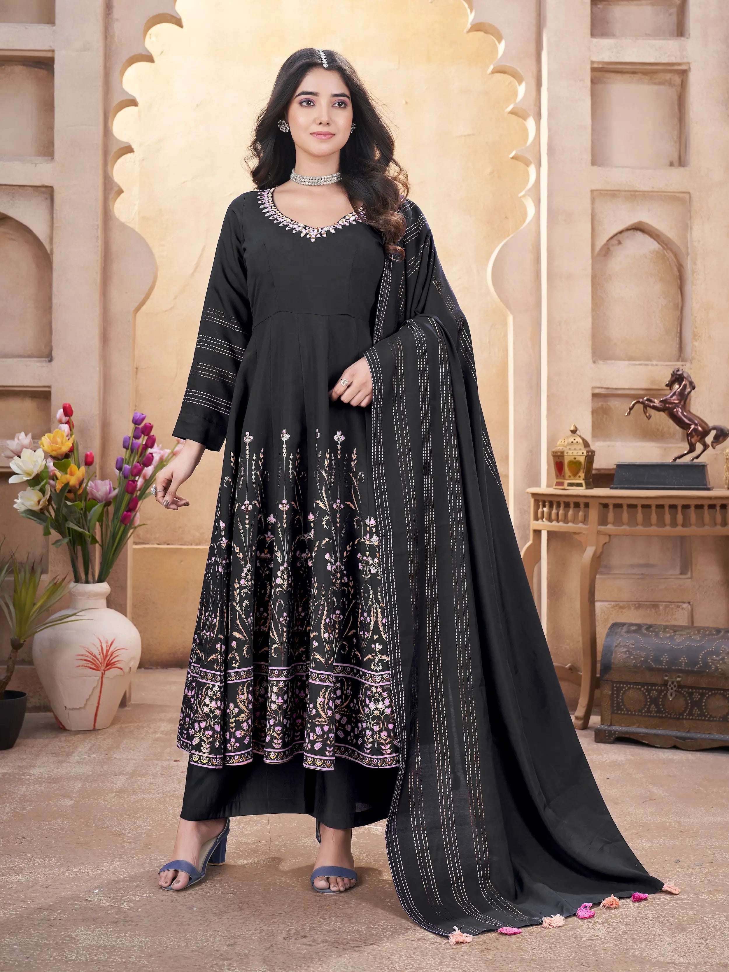 Black Mirror Work And Foil Print Silk Salwar suit - qivii