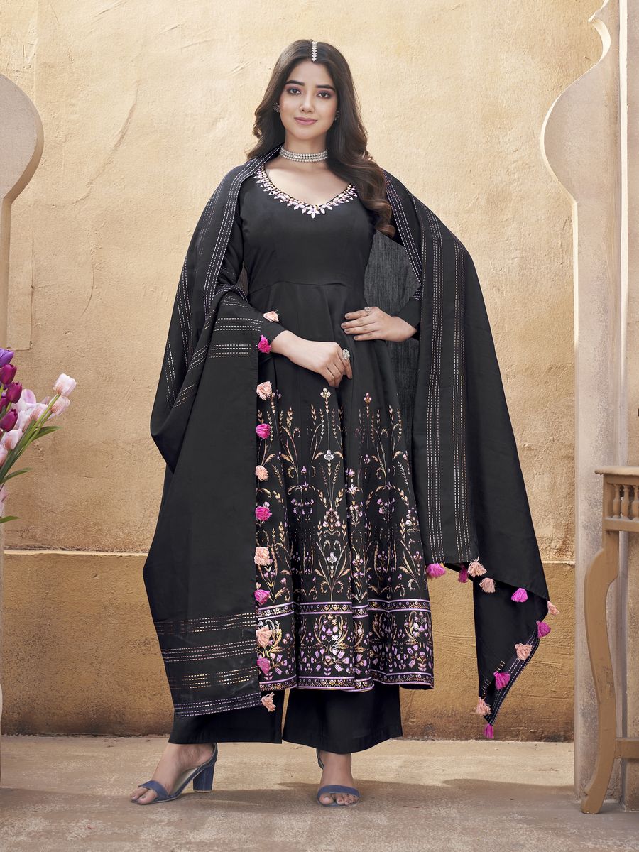 Black Roman Silk Mirror Work and Foil Print Salwar Suit top fabric Roman Silk bottom fabric Roman Silk dupatta fabric Roman Silk size ready to wear stiched M-38 & XL-42 work Mirror Work and Foil Print dupatta work Foil Print top length 50 inch bottom length 39 inch dupatta length 230 MTR