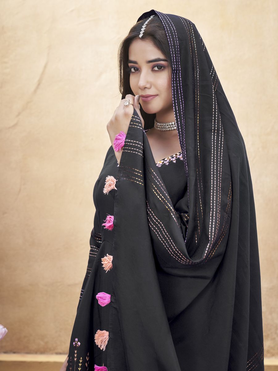 Black Roman Silk Mirror Work and Foil Print Salwar Suit top fabric Roman Silk bottom fabric Roman Silk dupatta fabric Roman Silk size ready to wear stiched M-38 & XL-42 work Mirror Work and Foil Print dupatta work Foil Print top length 50 inch bottom length 39 inch dupatta length 230 MTR