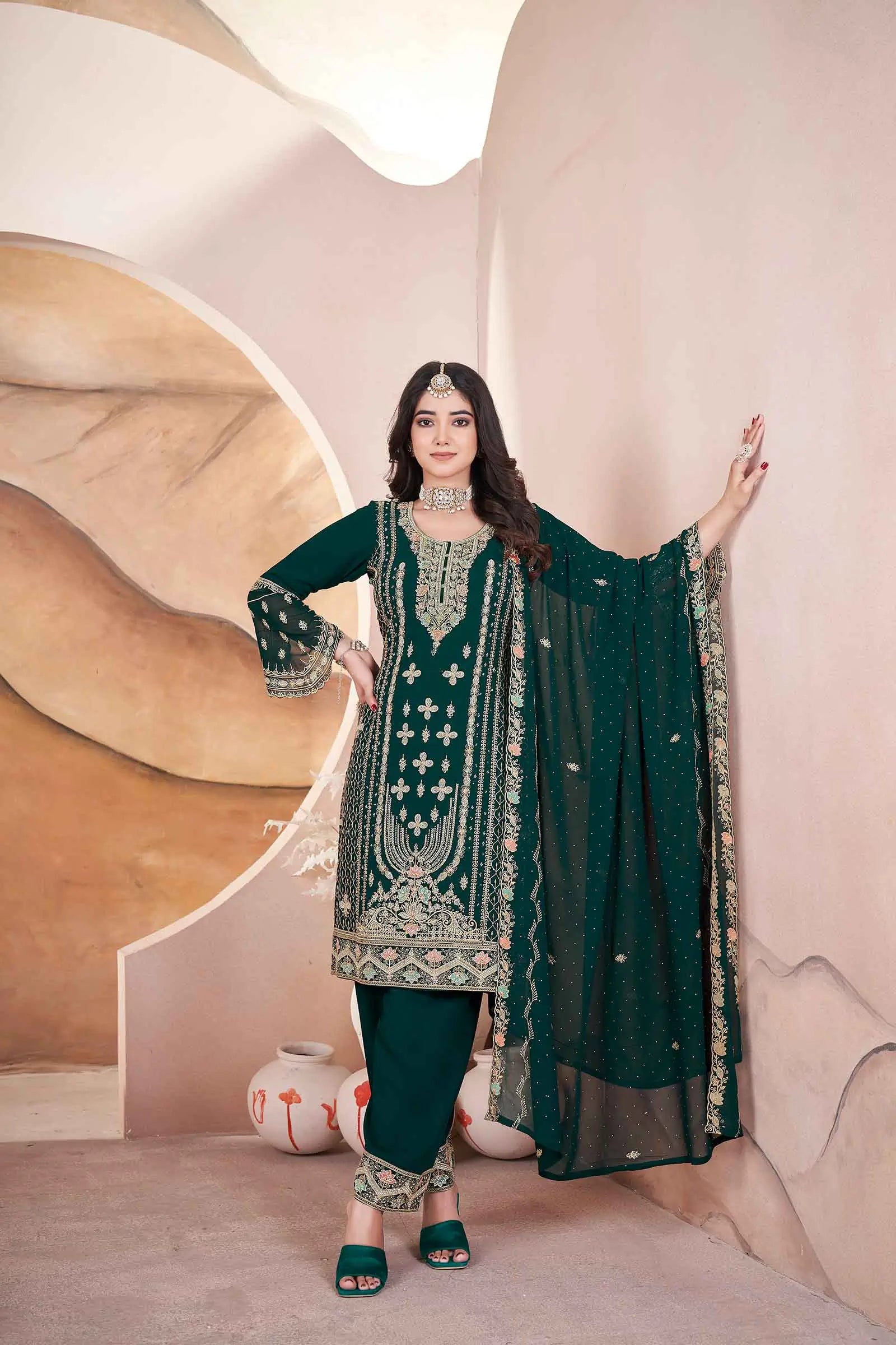 Green Georgette Salwar Suit With Embroidery And Siroski Work - qivii