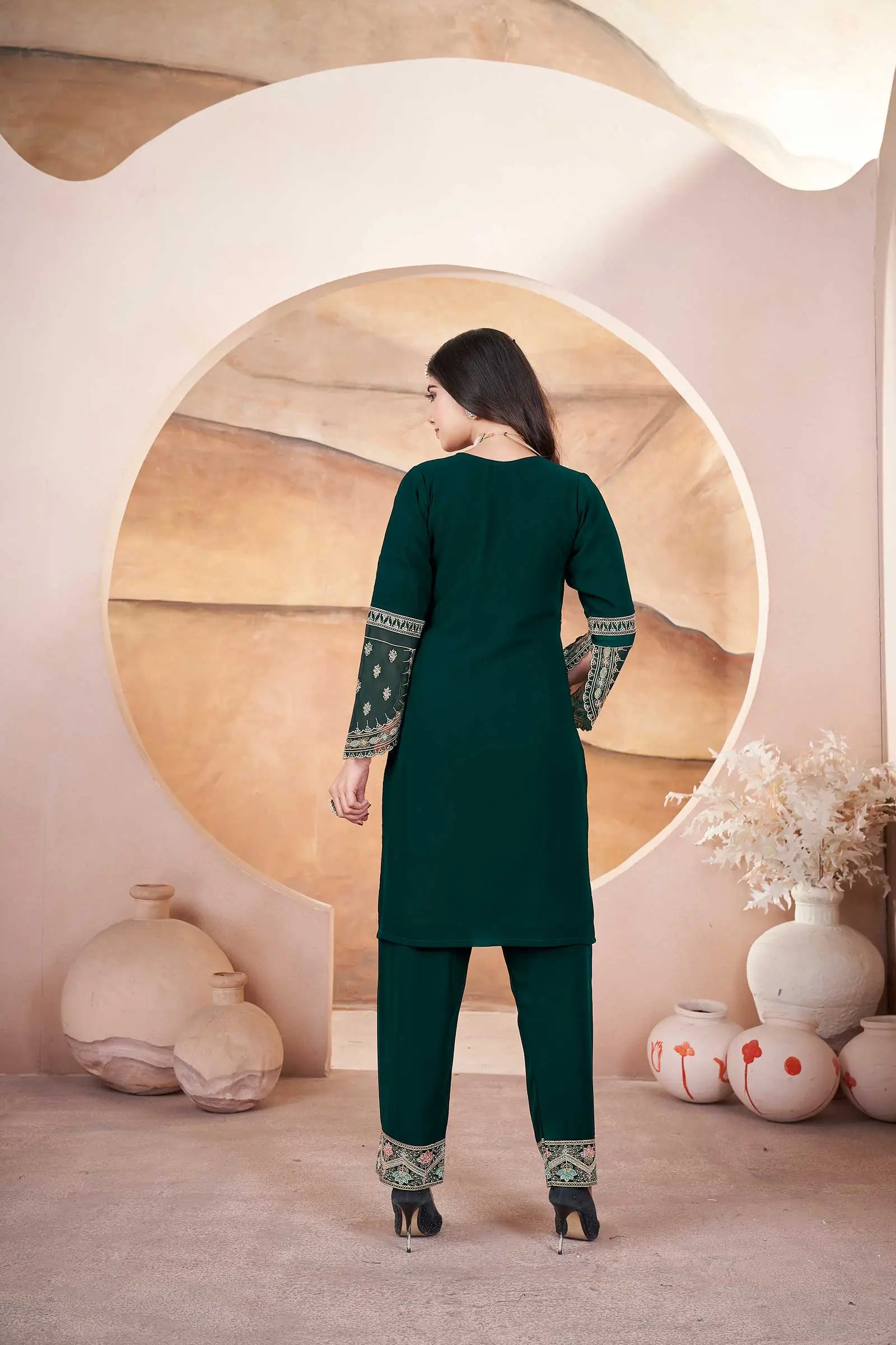 Green Georgette Salwar Suit With Embroidery And Siroski Work - qivii