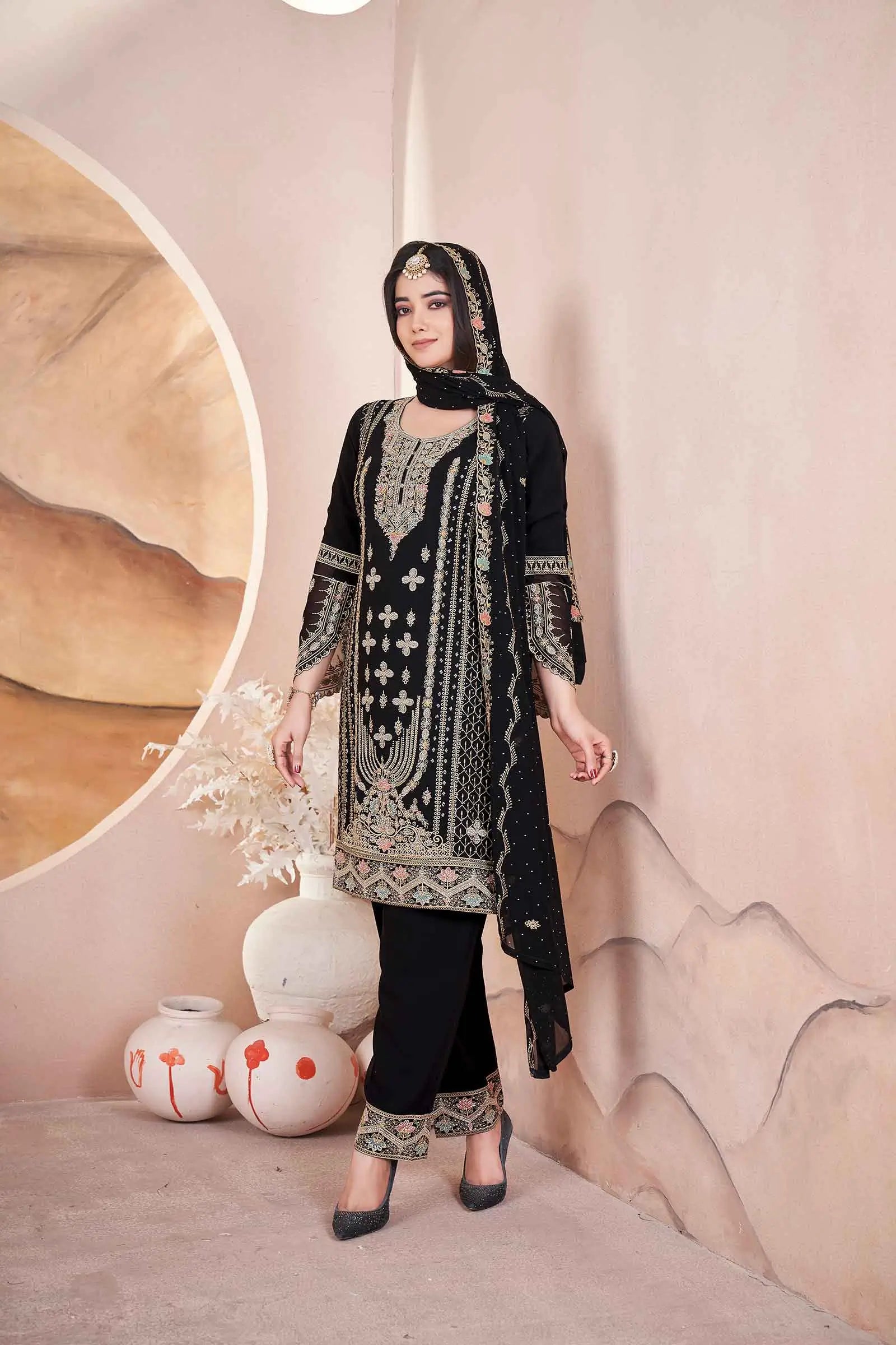 Black Georgette Salwar Suit With Embroidery And Siroski Work - qivii