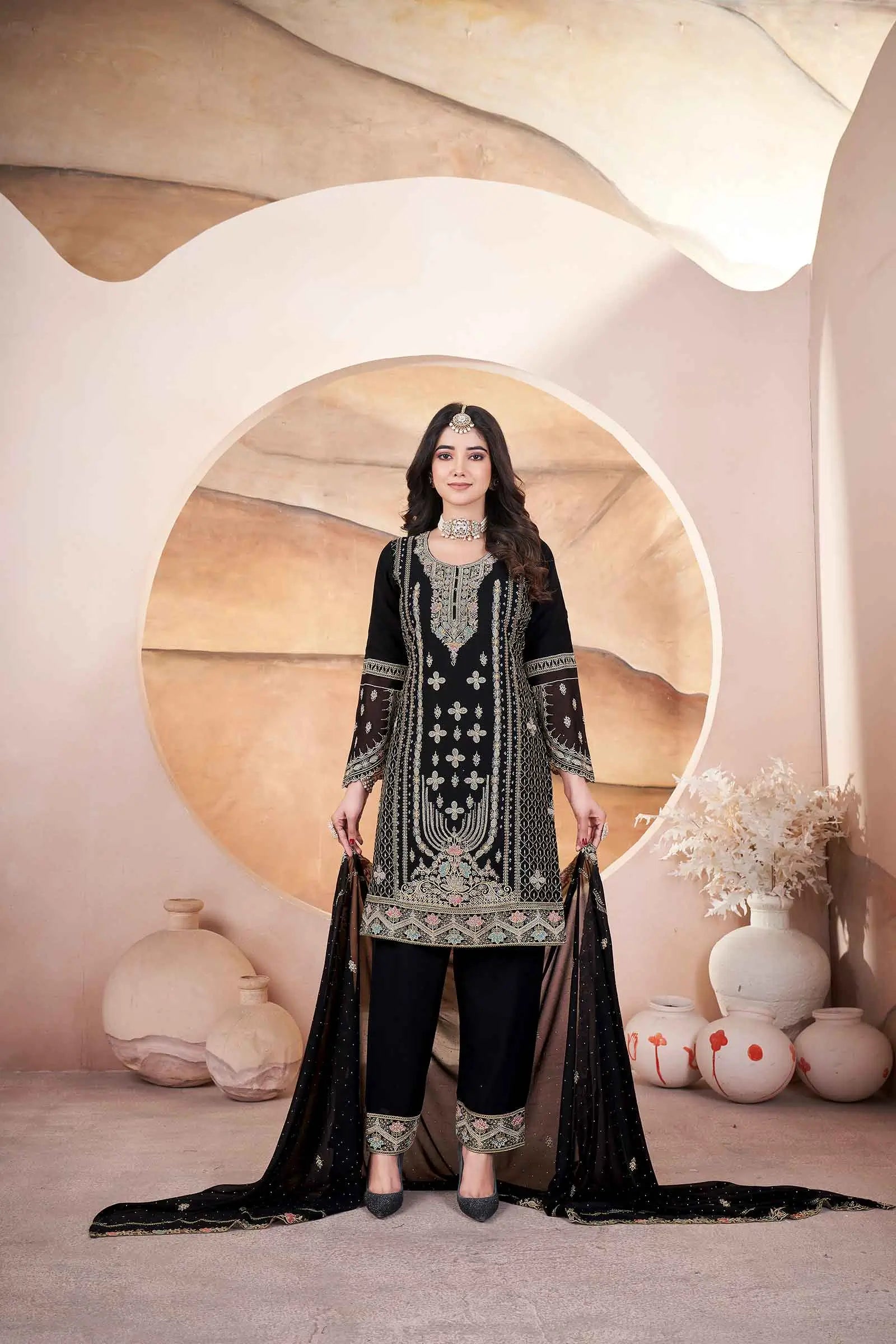 Black Georgette Salwar Suit With Embroidery And Siroski Work - qivii