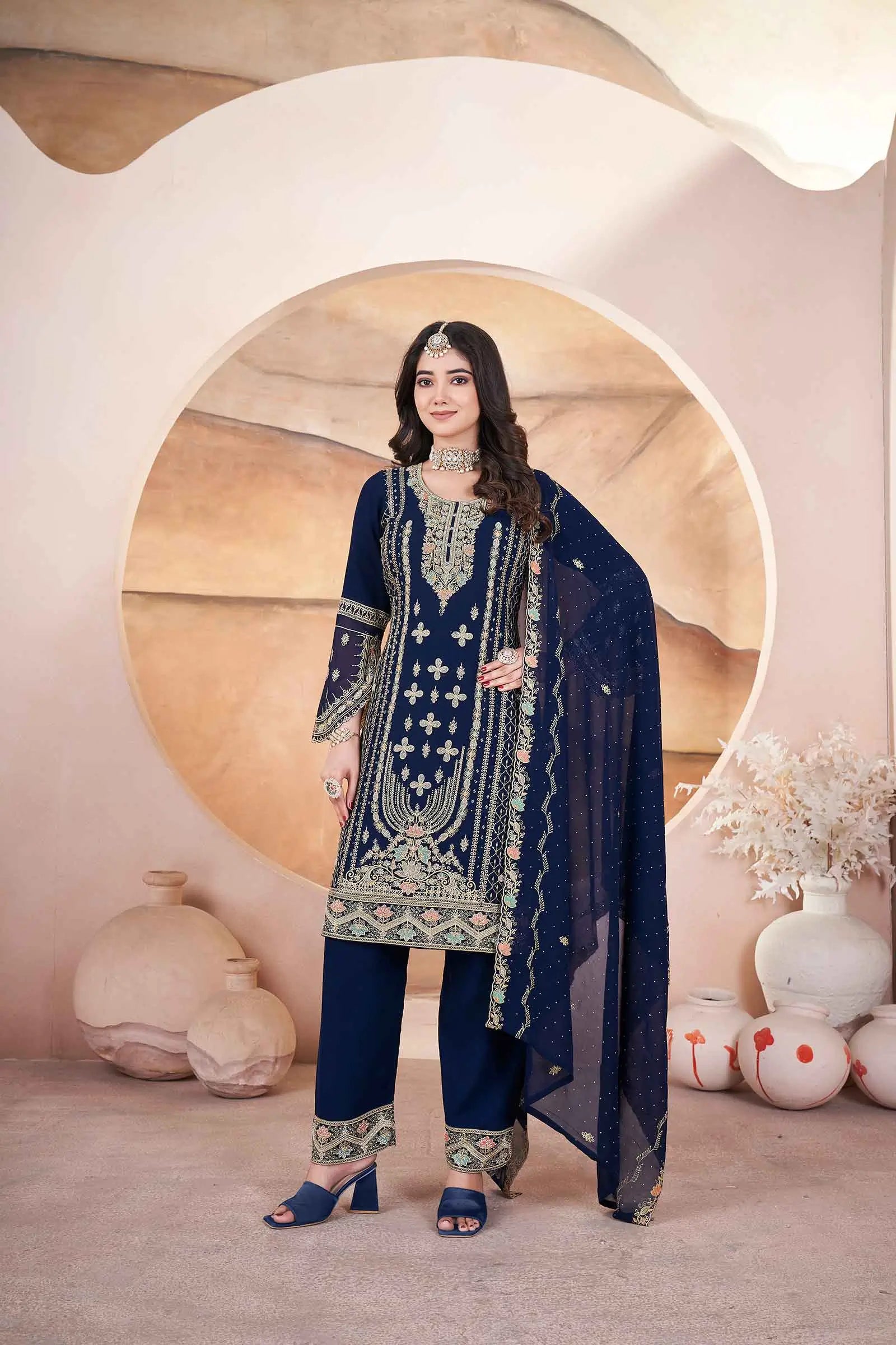 Blue Georgette Salwar Suit With Embroidery And Siroski Work - qivii