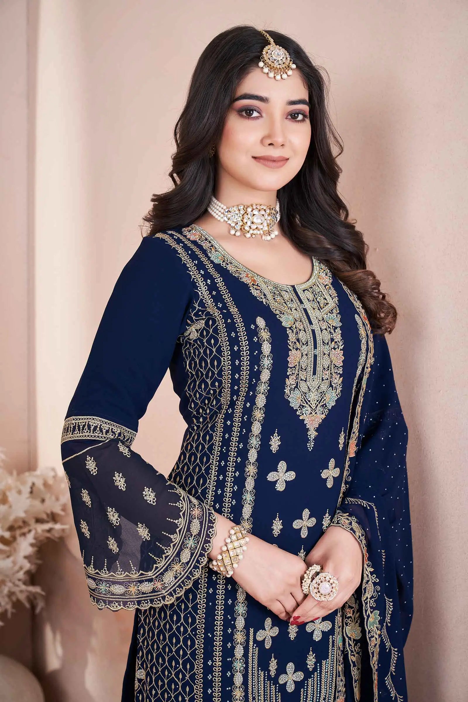Blue Georgette Salwar Suit With Embroidery And Siroski Work - qivii