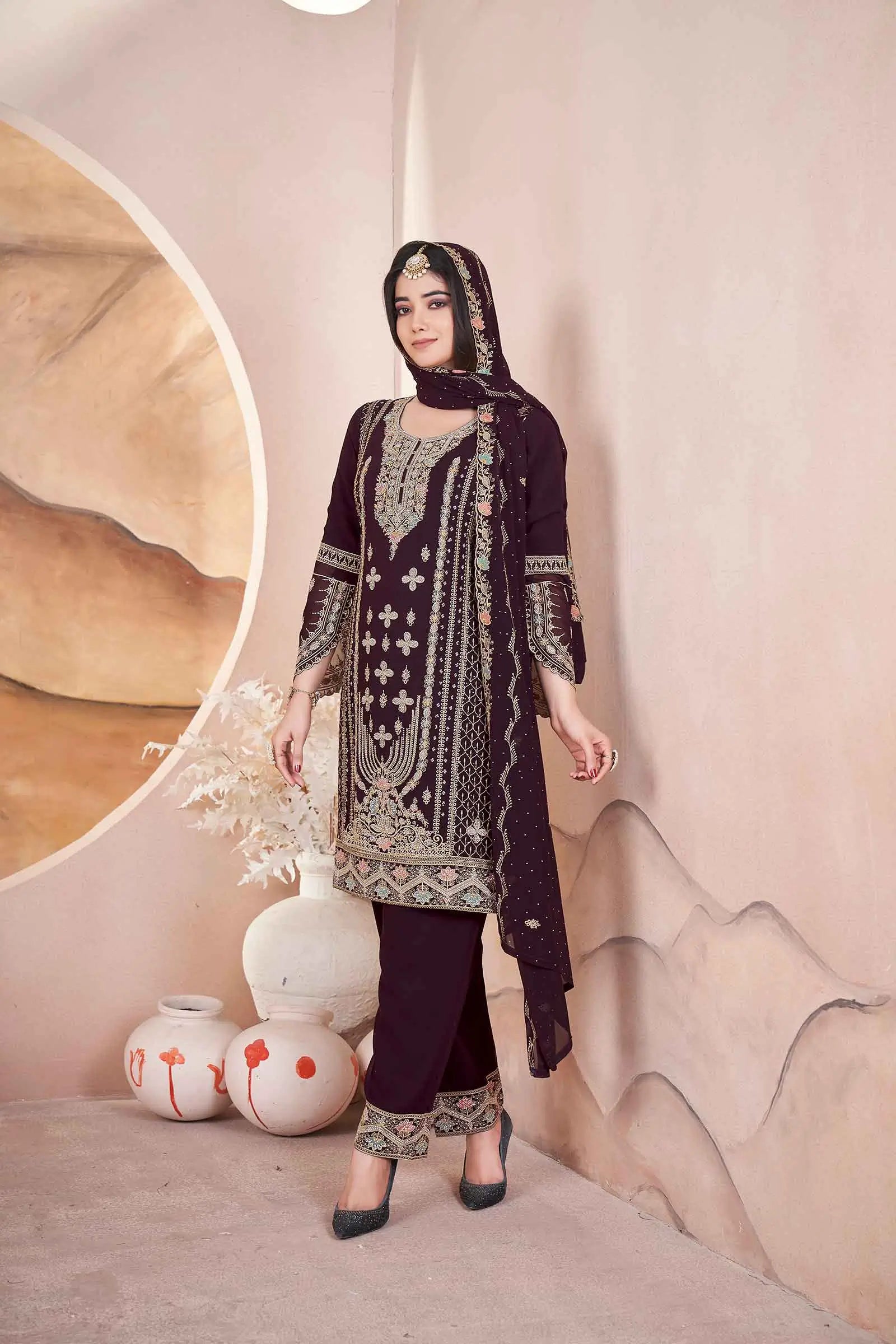 Brown Georgette Salwar Suit With Embroidery And Siroski Work - qivii
