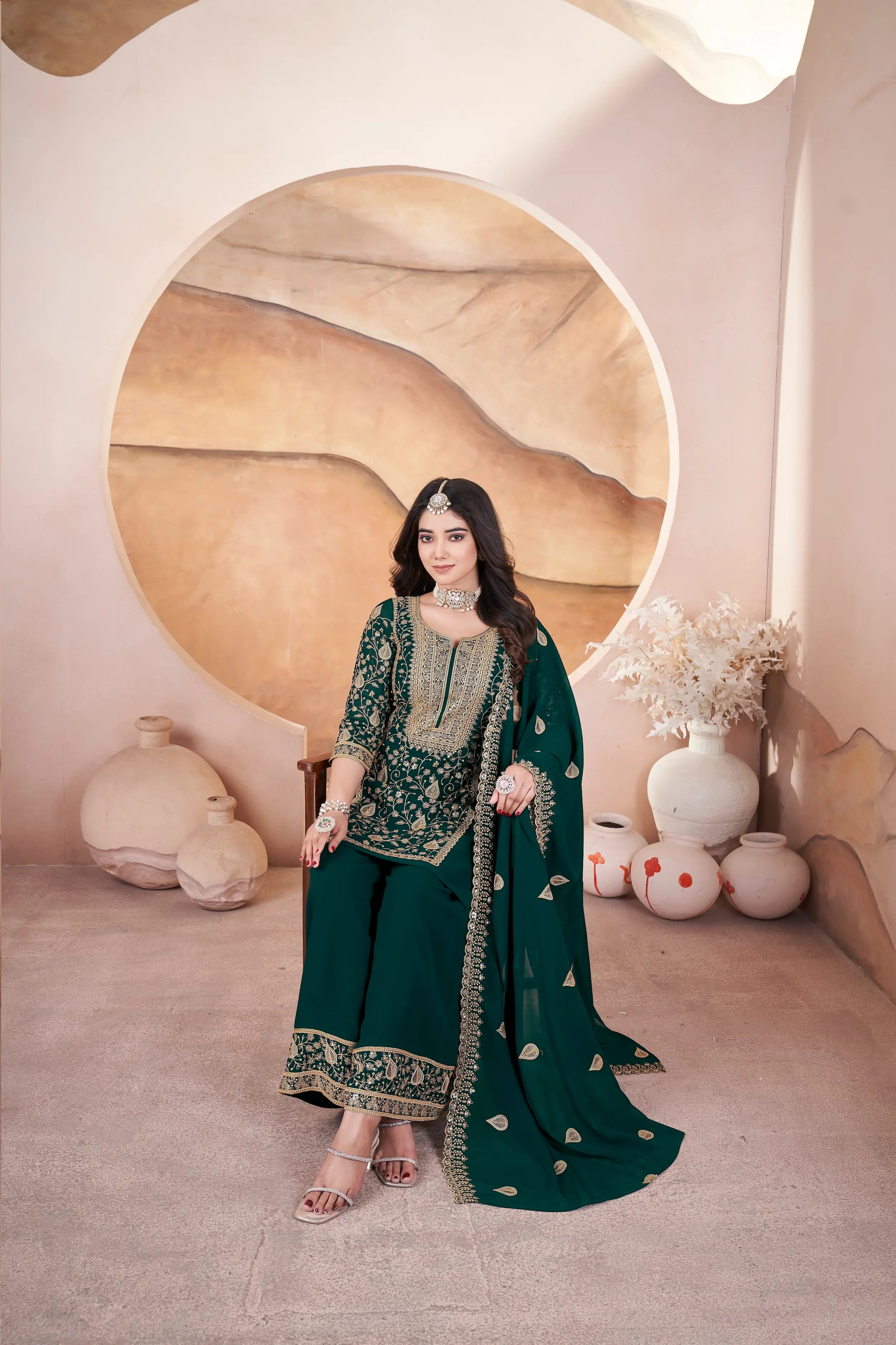 Dark Green Georgette Embroidery Sequins Salwar Suit - qivii
