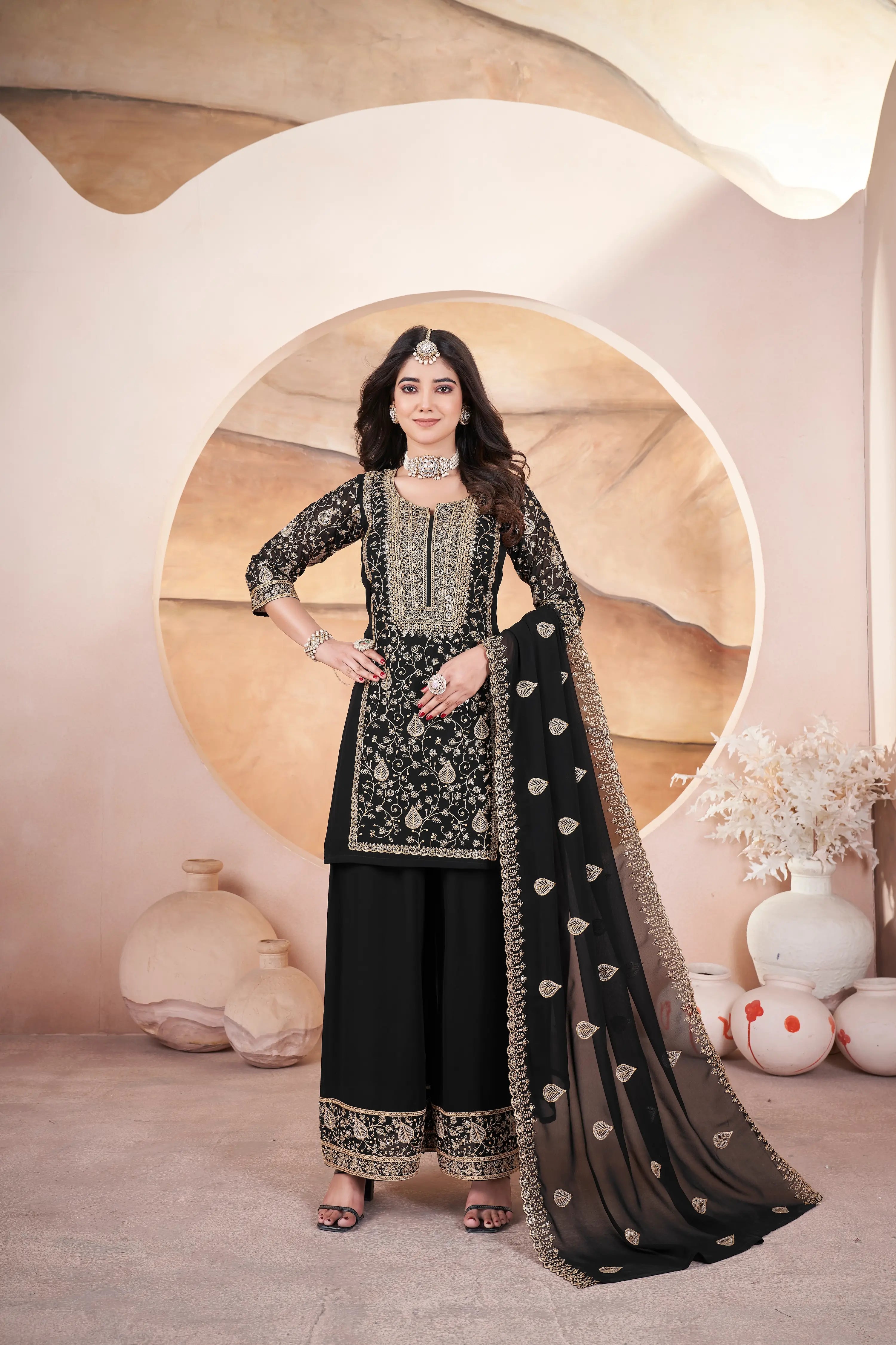 Black Georgette Embroidery Sequins Salwar Suit - qivii