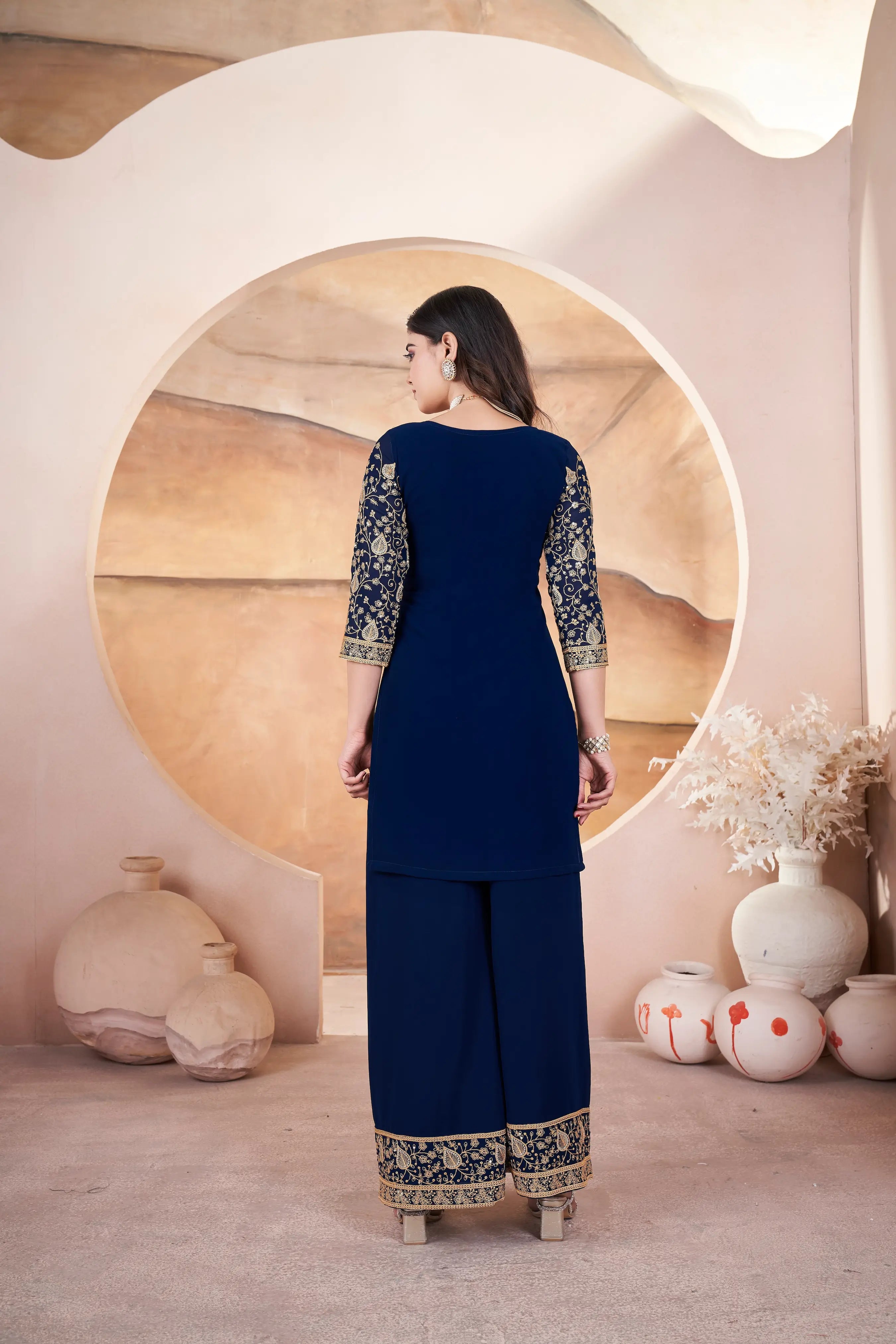 Navy Blue Embroidery Sequins Georgette Salwar Suit - qivii