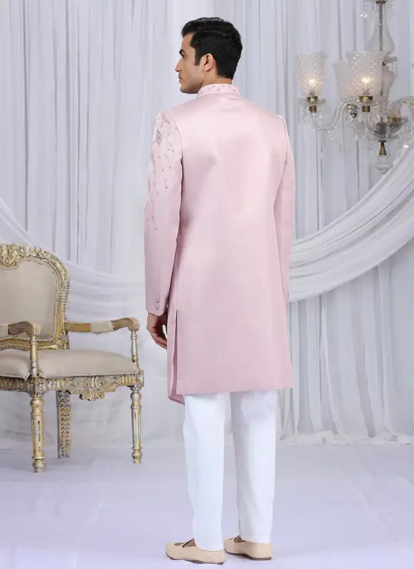 Men's Art Silk Embroidery Work Sherwani Set In Light Pink Color
