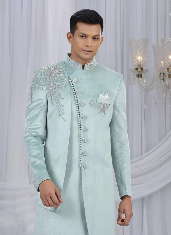 Men's Embosed Velvet Embroidery Work Sherwani Set In Pista Green Color