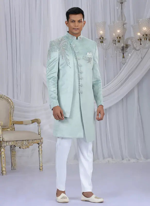 Men's Embosed Velvet Embroidery Work Sherwani Set In Pista Green Color