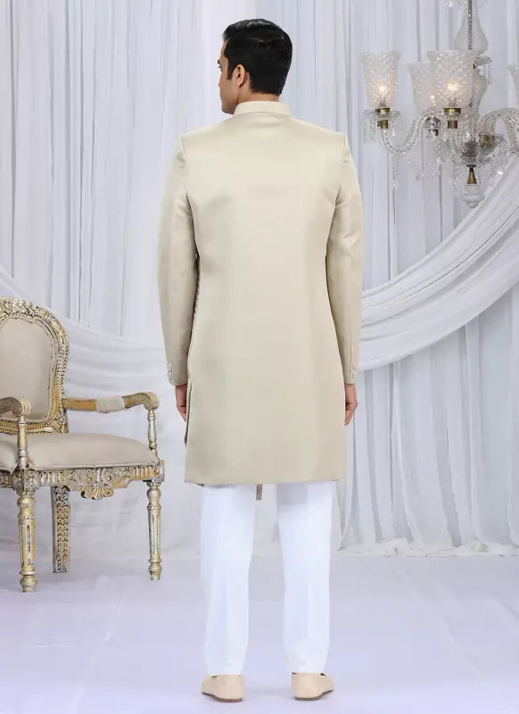 Men's Art Silk Embroidery Work Sherwani Set In Beige Color