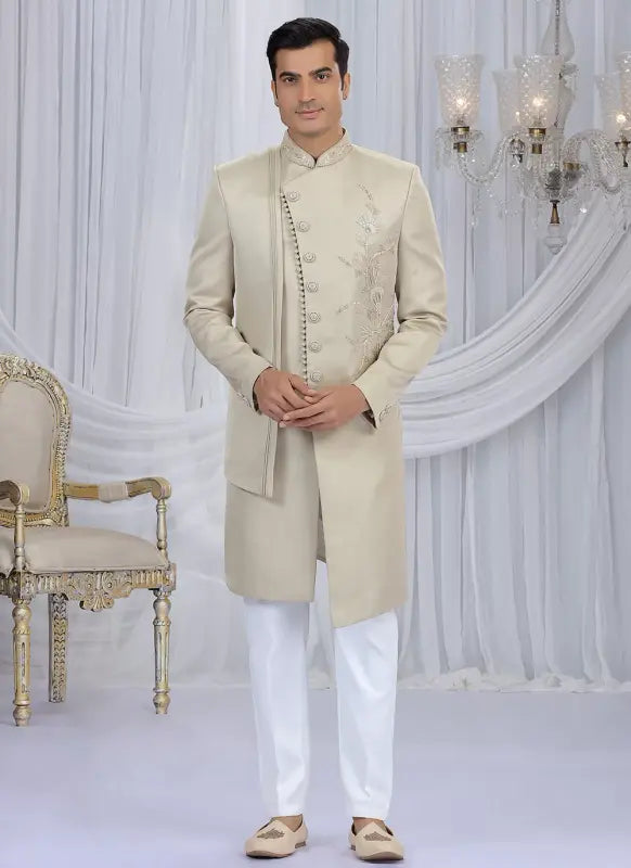 Men's Art Silk Embroidery Work Sherwani Set In Beige Color