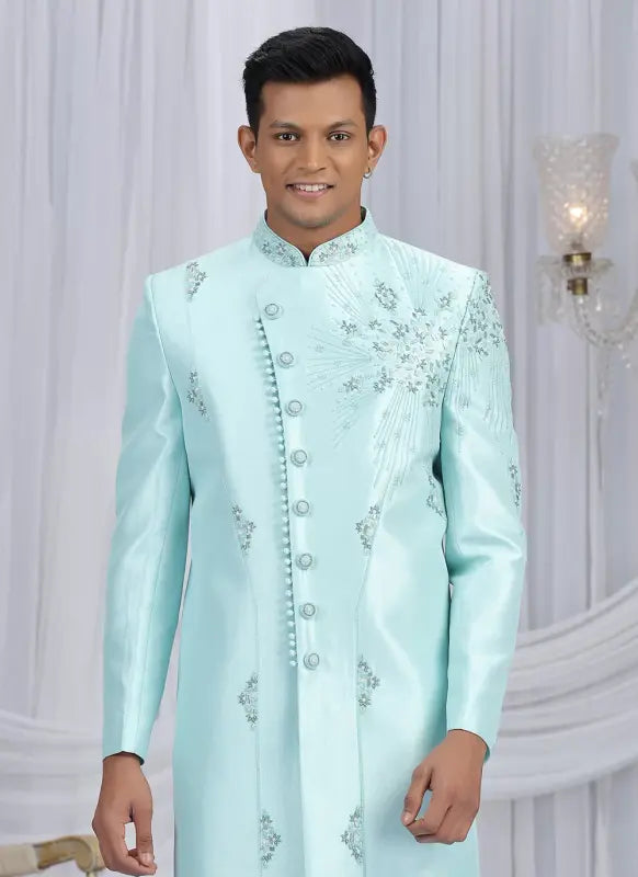 Men's Art Silk Embroidery Work Sherwani Set In Sky Blue Color