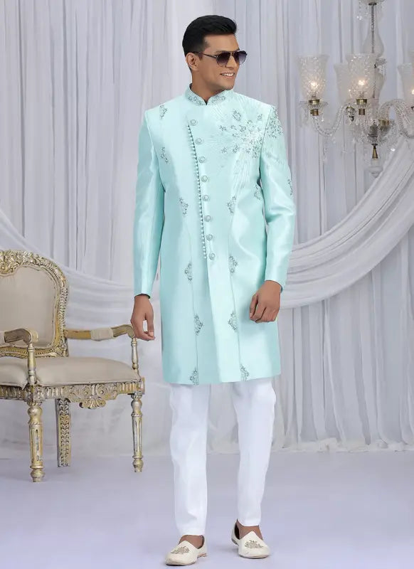 Men's Art Silk Embroidery Work Sherwani Set In Sky Blue Color
