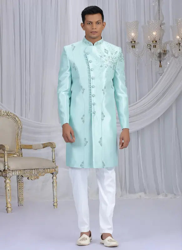 Men's Art Silk Embroidery Work Sherwani Set In Sky Blue Color