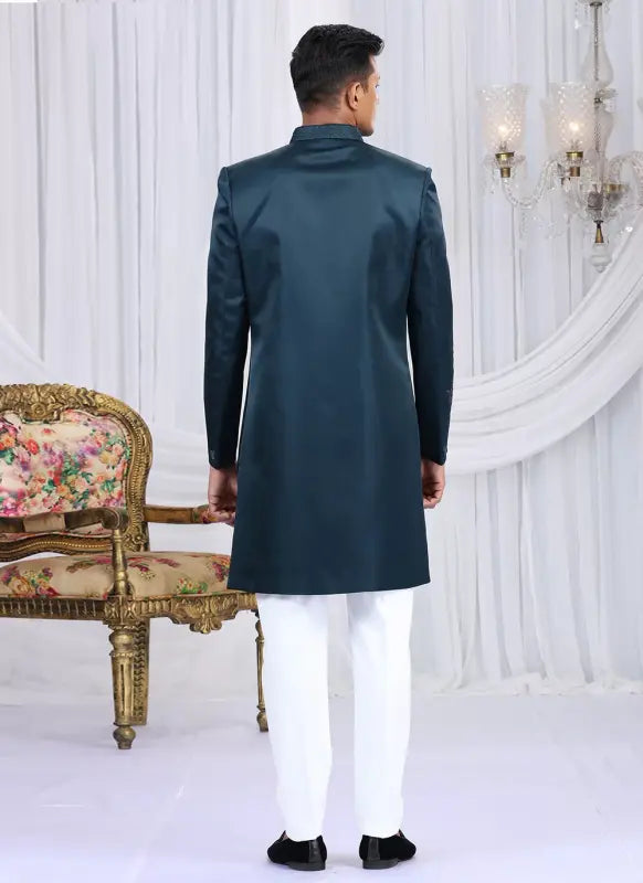 Men's Art Silk Embroidery Work Sherwani Set In Teal Blue Color