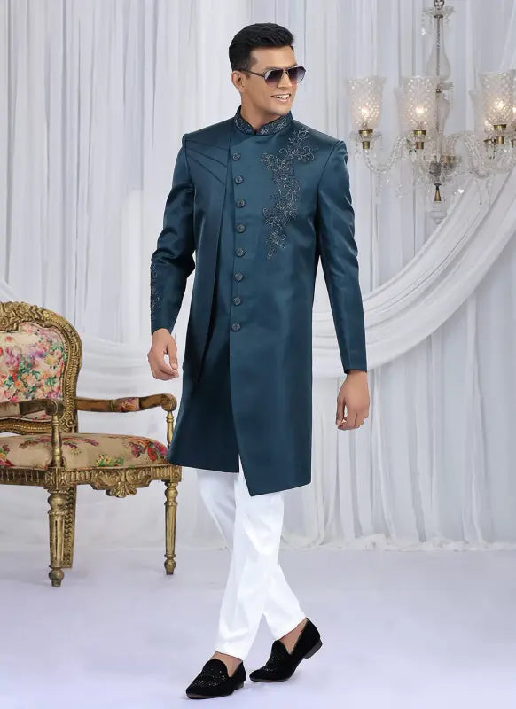 Men's Art Silk Embroidery Work Sherwani Set In Teal Blue Color