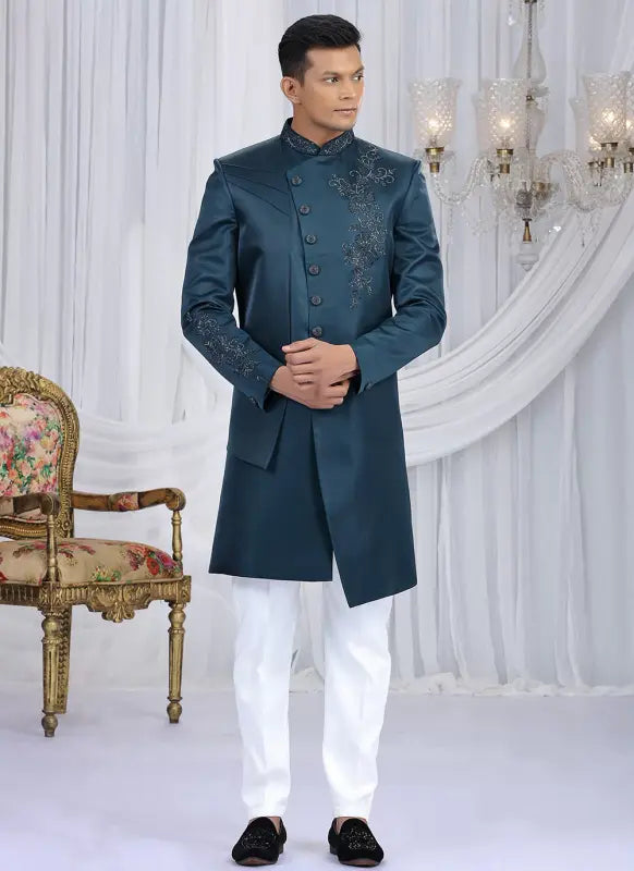 Men's Art Silk Embroidery Work Sherwani Set In Teal Blue Color
