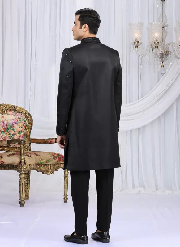 Men's Art Silk Embroidery Work Sherwani Set In Black Color