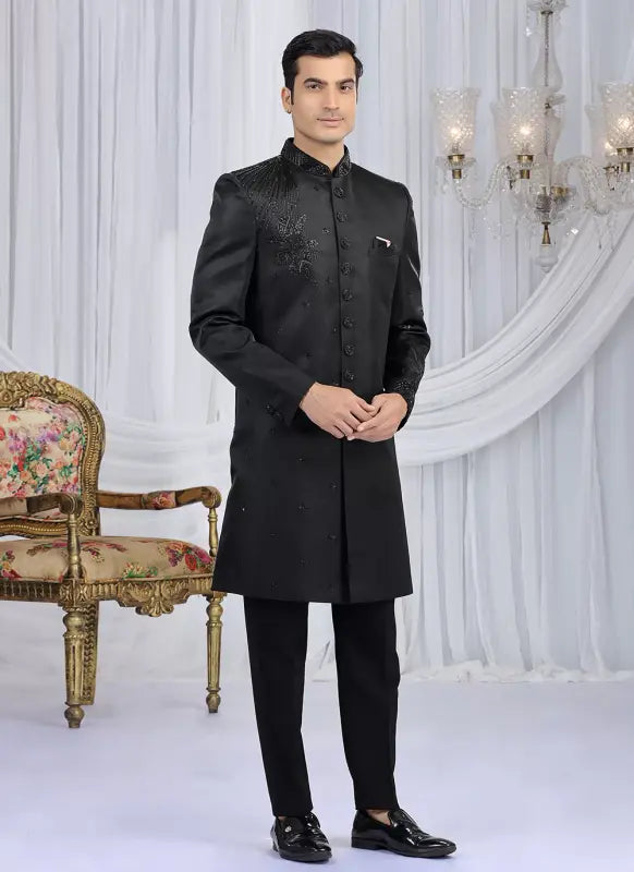 Men's Art Silk Embroidery Work Sherwani Set In Black Color