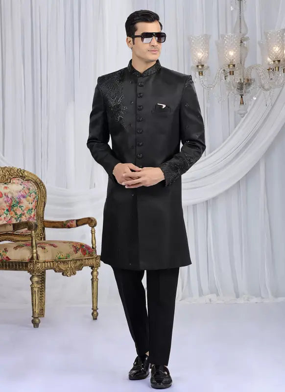 Men's Art Silk Embroidery Work Sherwani Set In Black Color