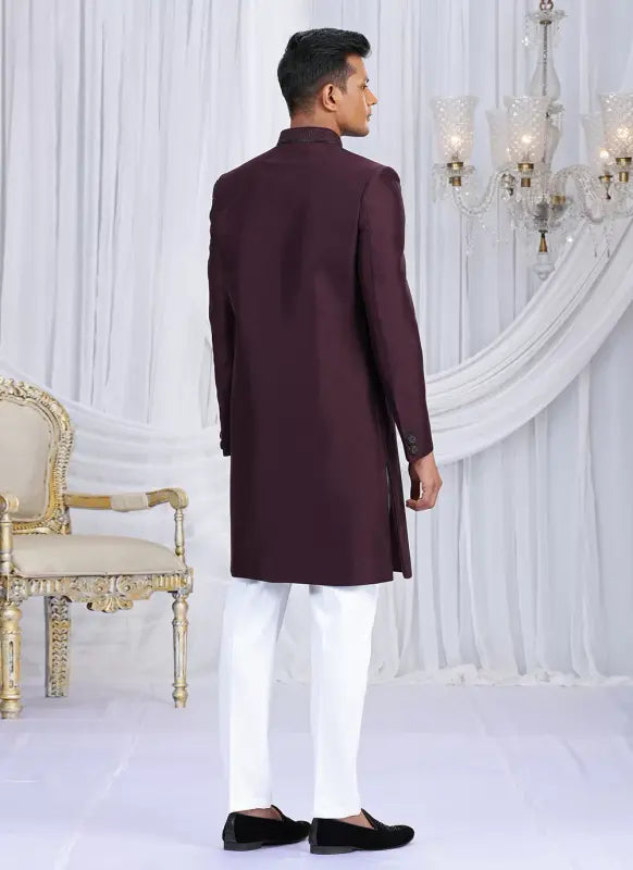 Men's Art Silk Embroidery Work Sherwani Set In Wine Color
