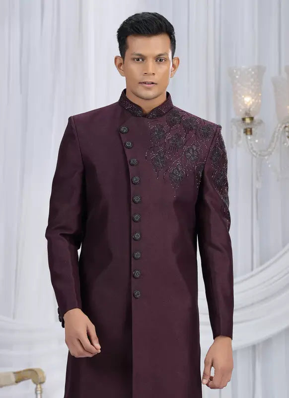 Men's Art Silk Embroidery Work Sherwani Set In Wine Color
