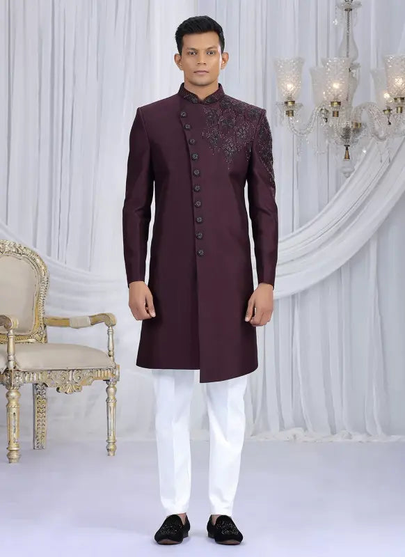 Men's Art Silk Embroidery Work Sherwani Set In Wine Color
