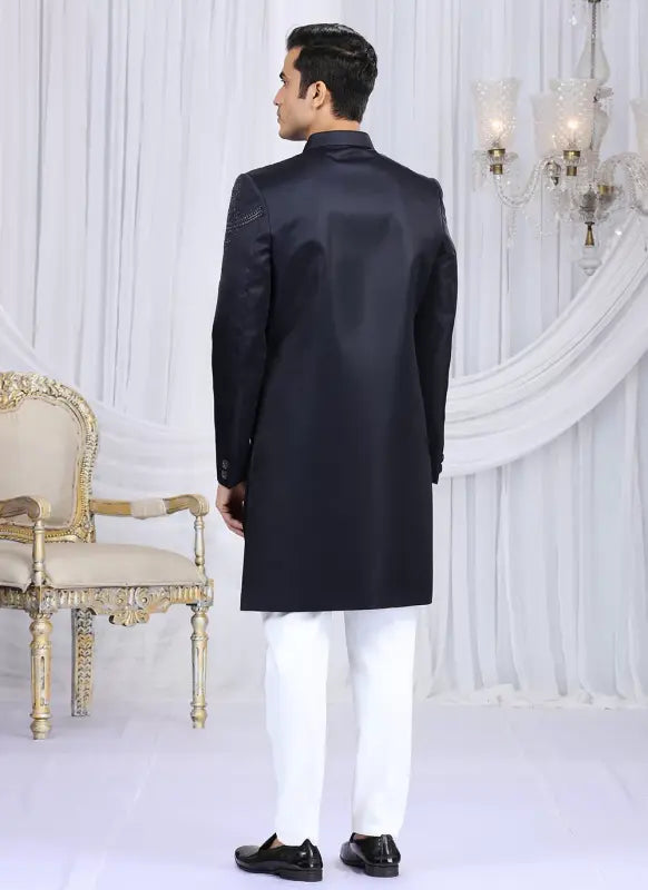 Men's Art Silk Embroidery Work Sherwani Set In Navy Blue Color