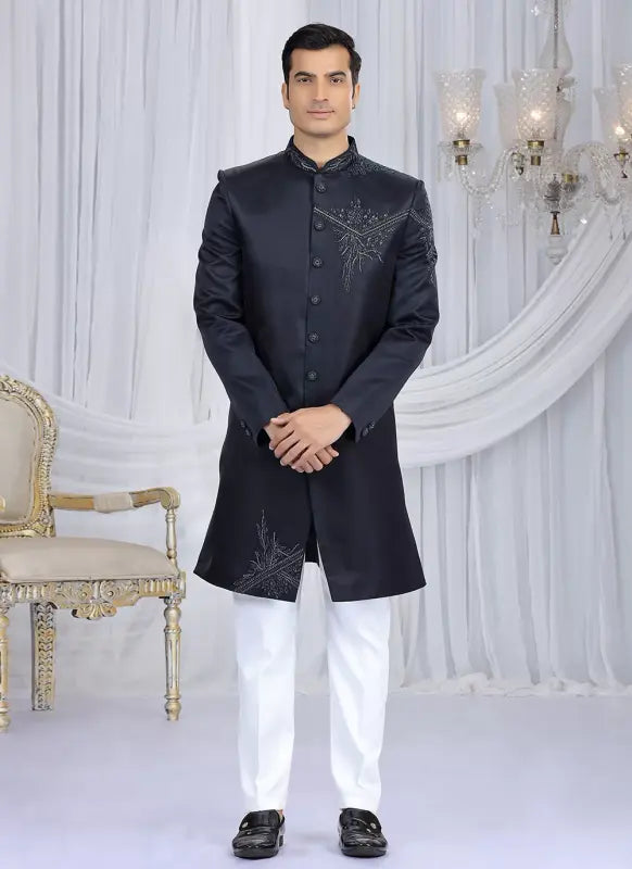 Men's Art Silk Embroidery Work Sherwani Set In Navy Blue Color