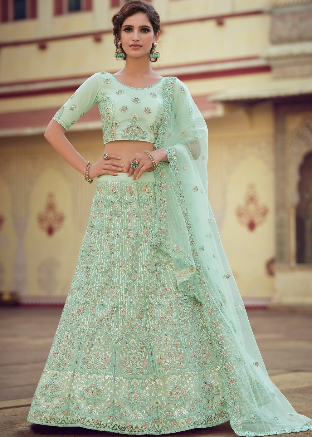 Mint Green Soft Net Lehenga Choli with Sequins, Thread, Zari & Dori work | Ready To Wear - qivii