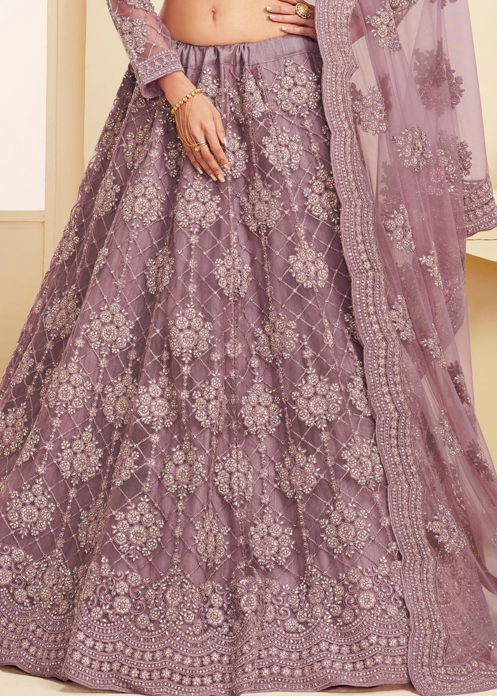 Plum Violet Soft Net Lehenga Choli with Cording Embroidery & Stone work | Ready To Wear - qivii